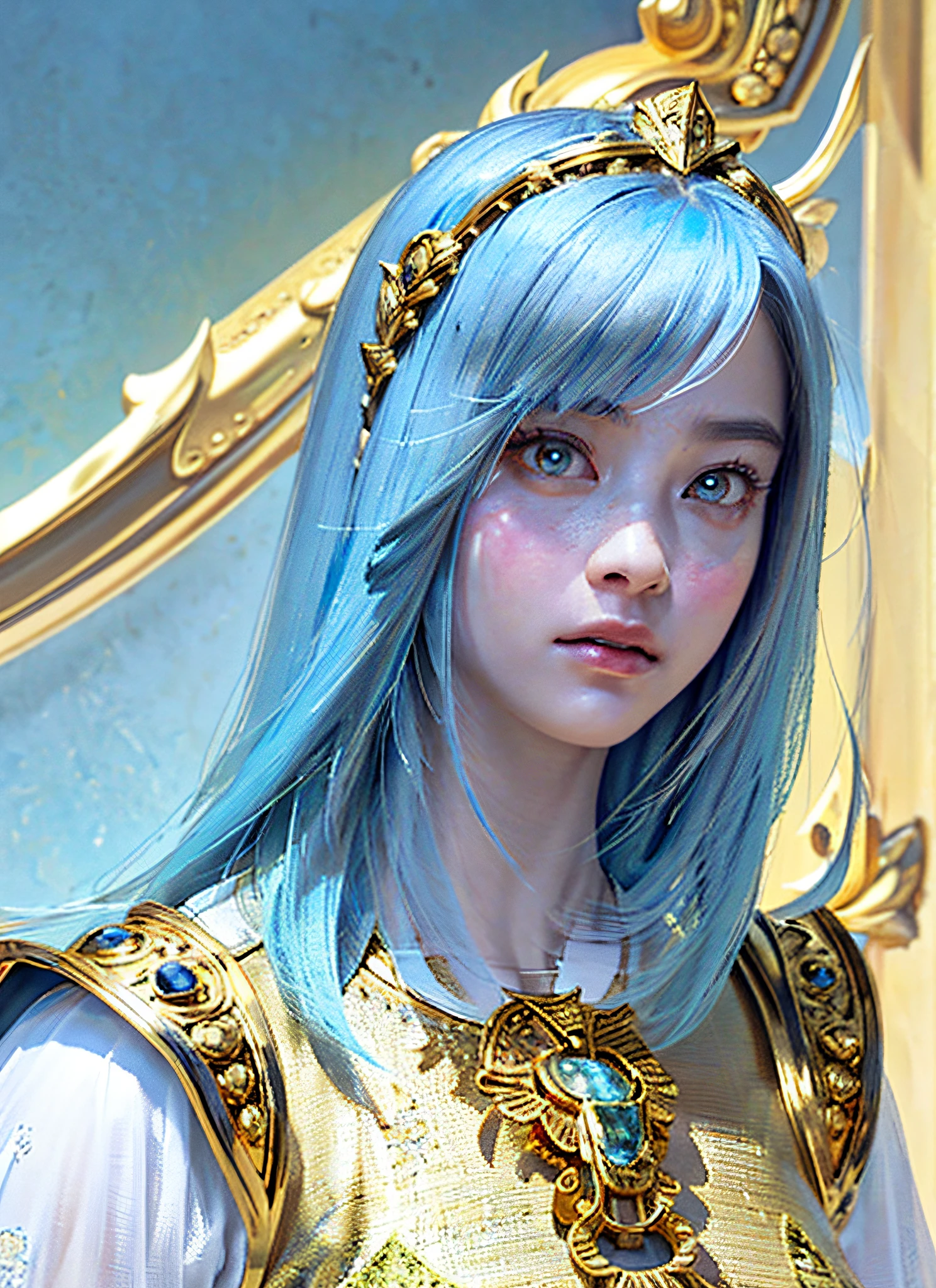 (Realistic, Portrait: 1.3), Complex Details, Big, Sexy Swimsuit, (Ultrareal), (Illustration), (High Resolution), (8K), (Very Detailed), (Best Illustration), (Beautiful Detailed Eyes), (Best Quality), (Ultra Detailed), Intricate Detail Jewels (Detailed Women's Armor: 1.3), (Gorgeous Gold Armor: 1.3), 1 Girl, Solo, Long Hair, Wind, Gorgeous Face, Top quality, masterpiece, maximum detail, diffused lighting, (blue hair: 1.3), Valhalla Valkyrie, mechanical arm,