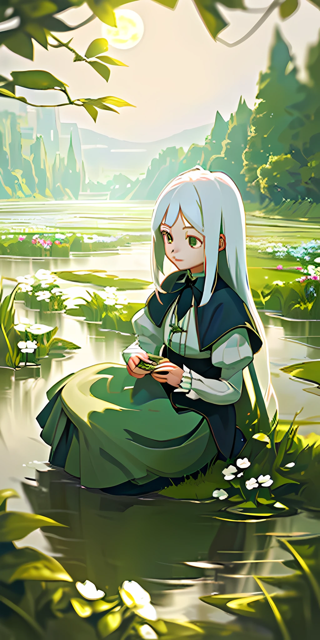 (masterpiece, top quality), one girl with long white hair sitting in a field of green plants and flowers, hand under chin, warm moonlight, blurry foreground, loli, river bank, skirt tucked up,