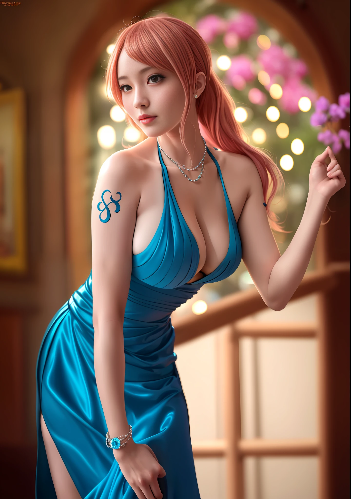 Top quality, 8k, 32k, Masterpiece, photo realistic, realistic, ada woman in blue posing for a photo, nami from one piece, nami one piece, cosplay anime girl, beautiful portrait of nami, cosplay anime, nami, cosplay ayaka, from one piece, cosplayer, cosplay glamourous, anime character full body art, cosplay, cosplay photo, cool, professional makeup, necklace, very big breasted woman, (seductive pose), Sexy, beautiful white face shining, beautiful face, pink cheeks, beautiful lips, porcelain skin, detail intricate, super detailed, super high, highest detailed, high detailed, delicate, incredible detailed, fine detailed, cinematic lighting, top quality, masterpiece, smooth and beautiful, CG , unity, 8k wallpaper, Stunning, fine detail, unity CG wallpaper 8k ultra detailed, large file size, ultra detailed, high resolution, incredible detail, stunning detail, depth of field, oil painting effect in Rembrandt art style, concept portrait art in Stanley Artgerm Lau style, WLOP, trending on Artstation, epic, trend in society, detailed digital painting, very high quality model.