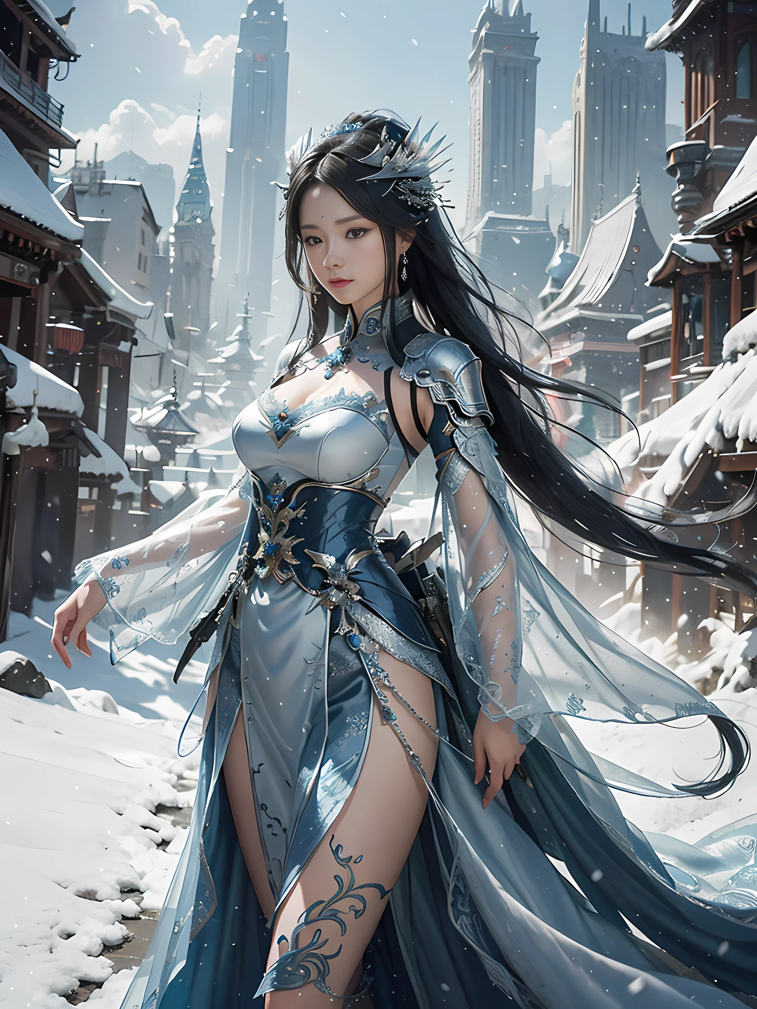 A woman in a silver-blue dress, Cheng Weipan Art Station, Xiuxian Technology Sense, Ice and Snow Beauty, Gauze Sleeve Long Skirt, Detailed Fantasy Art, Stunning Character Art, Epic Exquisite Character Art, Beautiful and Complex Armor, Mechanical Battle Robe, Extremely Detailed Art Germ, Detailed Digital Animation Art, Artgerm on Art Station Pixiv, Armor Girl, Heavy and Exquisite Complex Headdresses and Jewelry, Noble High-Tech Sense, True God Sense of Déjà Vu, Sense of Fateny, Strong Background Layering