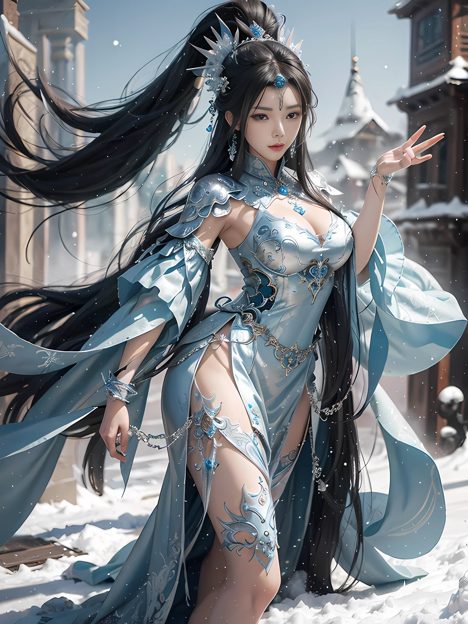 A woman in a silver-blue dress, Cheng Weipan Art Station, Xiuxian Technology Sense, Ice and Snow Beauty, Gauze Sleeve Long Skirt, Detailed Fantasy Art, Stunning Character Art, Epic Exquisite Character Art, Beautiful and Complex Armor, Mechanical Battle Robe, Extremely Detailed Art Germ, Detailed Digital Animation Art, Artgerm on Art Station Pixiv, Armor Girl, Heavy and Exquisite Complex Headdresses and Jewelry, Noble High-Tech Sense, True God Sense of Déjà Vu, Sense of Fateny, Strong Background Layering