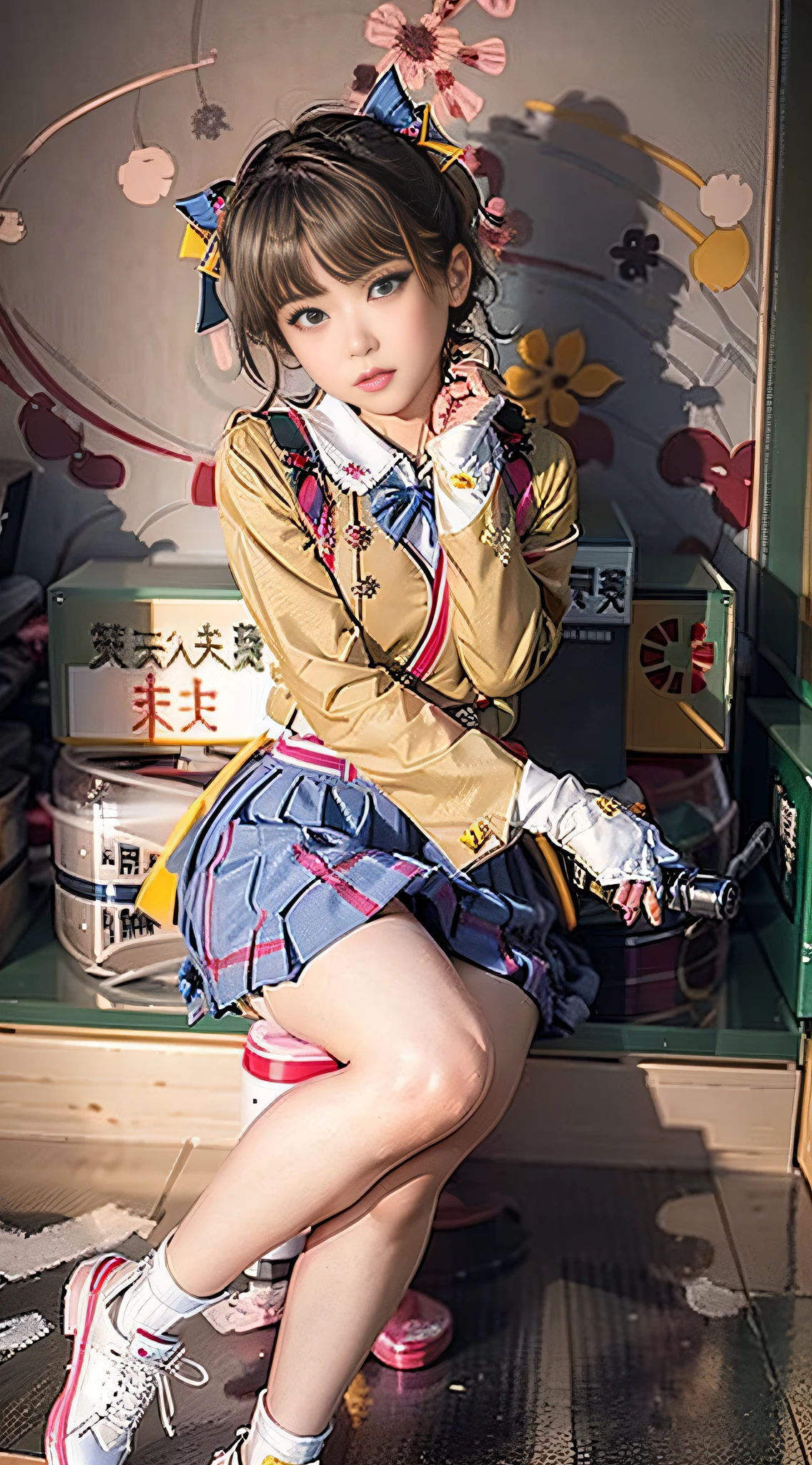 Low-angle shooting, Japanese schoolgirl uniform, neatly dressed. She is a surreal schoolgirl with a playful and cute beautiful pose. The lens is full-body, delicate makeup and fresh skin are playful, crystal clear legs, radiant. The skirt of the corner is light and beautiful.