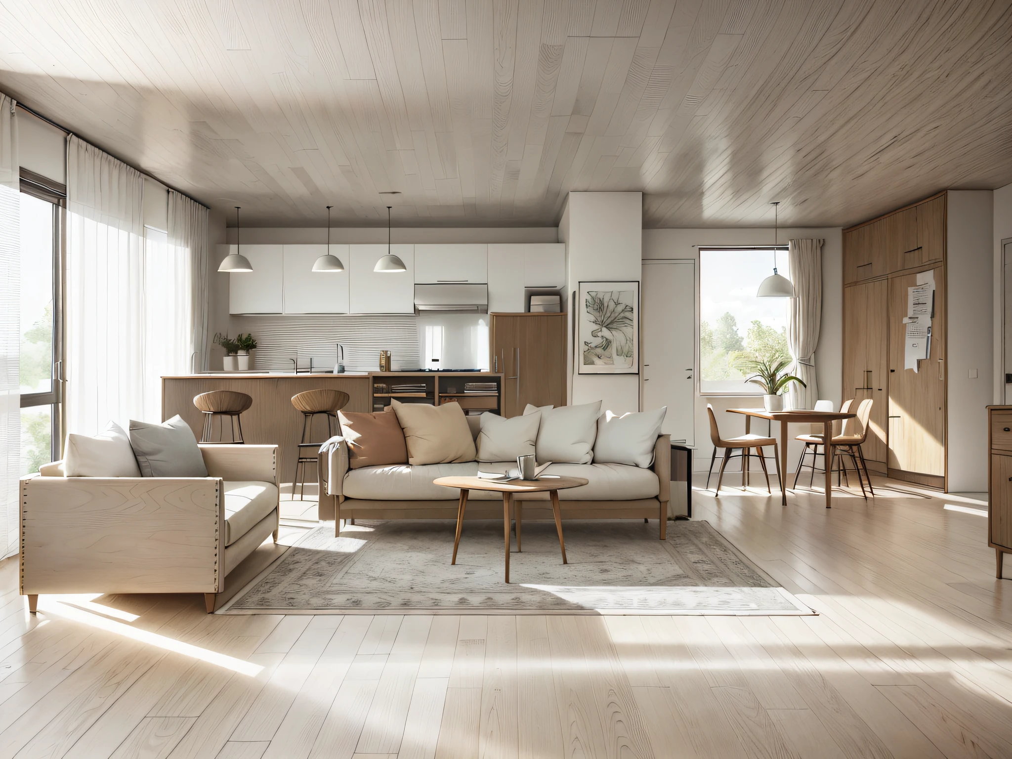 Sketch of a beautiful modern living room, ((Foster and partners, artist impression, art impression, Hamish MacDonald, kerie Morris, David Brewster, higher detail illustration, Helen Berman, illustration, detailed illustration, Nick Fudge, Warren Mahi, artist impression))), red kitchen cabinet behind white sofa, few pictures on the wall, linen curtains next to classroom windows, coffee table, modern wood, ceiling with magnetic luminescence lighting, white fabric PRB texture, marble fish belly white texture，