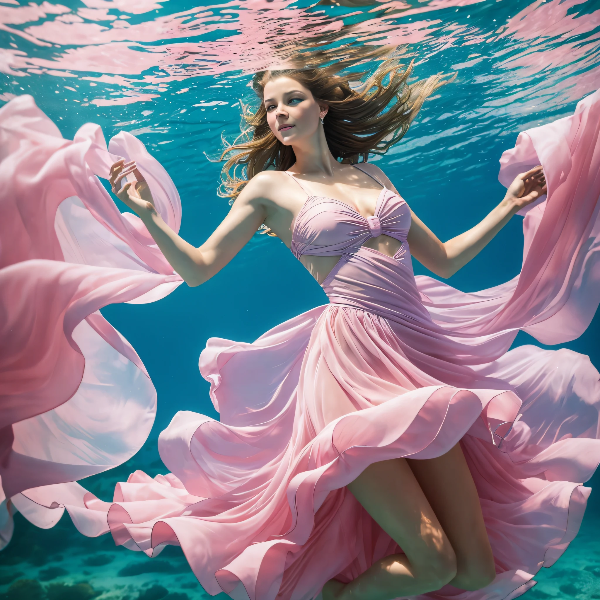 Arad woman in pink dress floating in swimming pool, underwater photography, clear face, wearing dress made of water, floating underwater, underwater photo, dramatic floating pose, underwater photo, floating in lake , floating in perfume, portrait of a woman underwater, elegant floating pose, dress made of water, women floating, pastel colors underwater, underwater photography, Zena Holloway style --auto --s2
