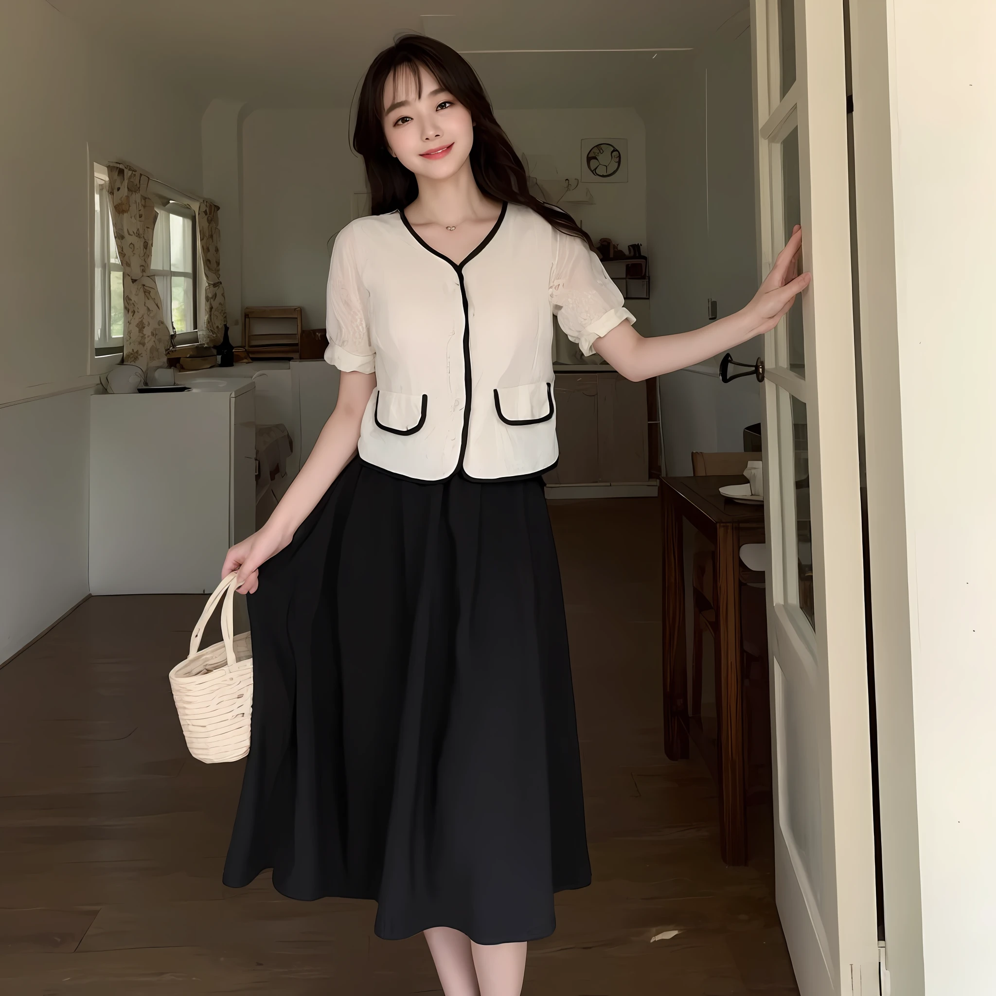 ((Best Quality, 8K, Masterpiece: 1.3)), 1girl, Slim Abs Beauty: 1.3, (Hairstyle Casual, Big Breasts: 1.2), Dress: 1.1, Super Fine Face, Delicate Eyes, Double Eyelids, Smile, Home