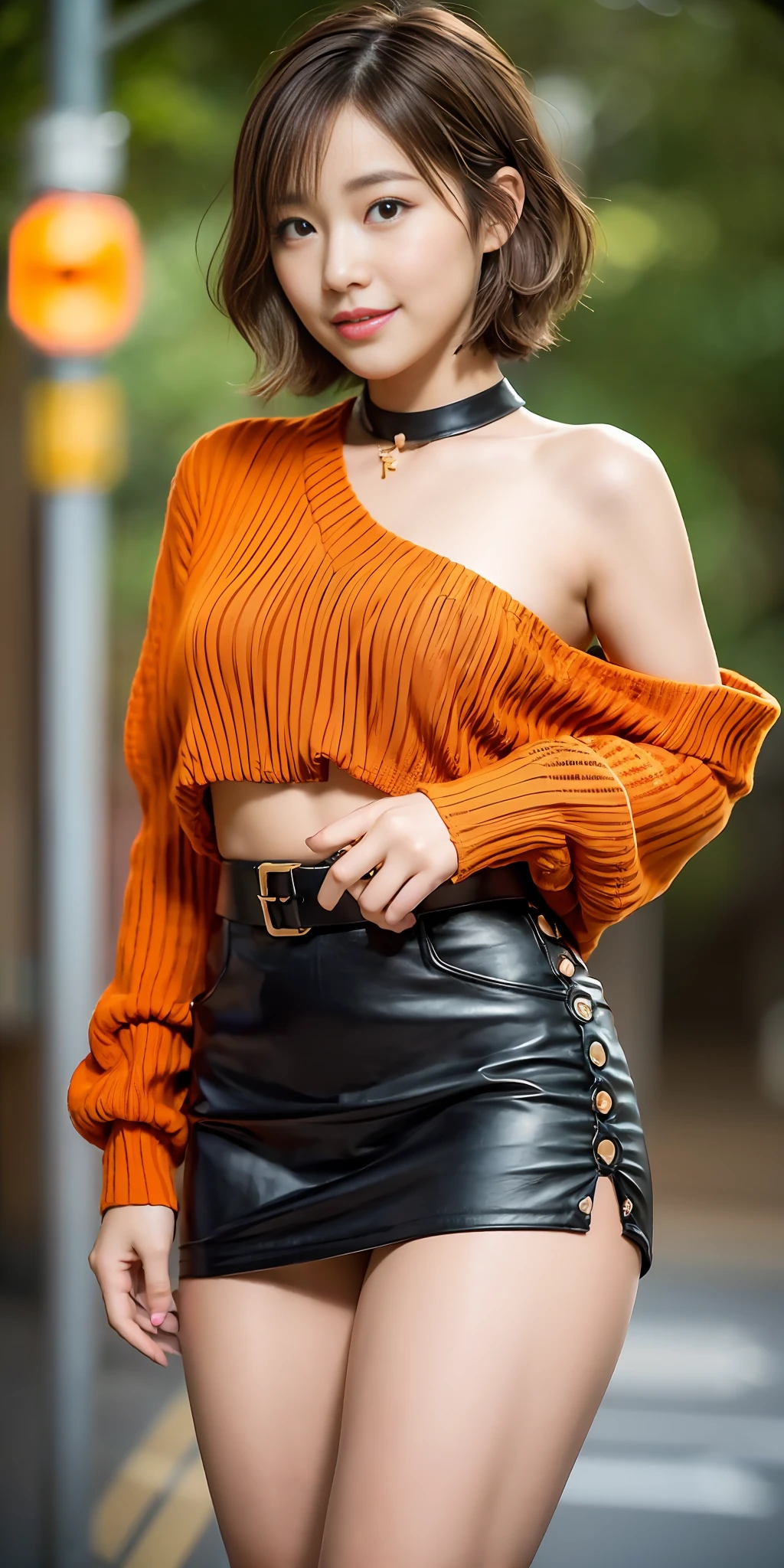 (Top Quality, 4k, Masterpiece: 1.3), Beautiful Woman, Woman 1, Dark Brown Hair: 1.1, Ultra-Detailed Face, Detailed Lips, Detailed Eyes, Double Eyelids, ((Full: 1.2)), Transcendent Beauty, 1girl, (((18 years old)), Japan person, Smile lightly, ((Skinny: 1.2)), Breasts are large, Tight mini skirt, Orange sweater, Shoulder out, Waist out, Pin heels, ((( Very Shorthair: 1.2))