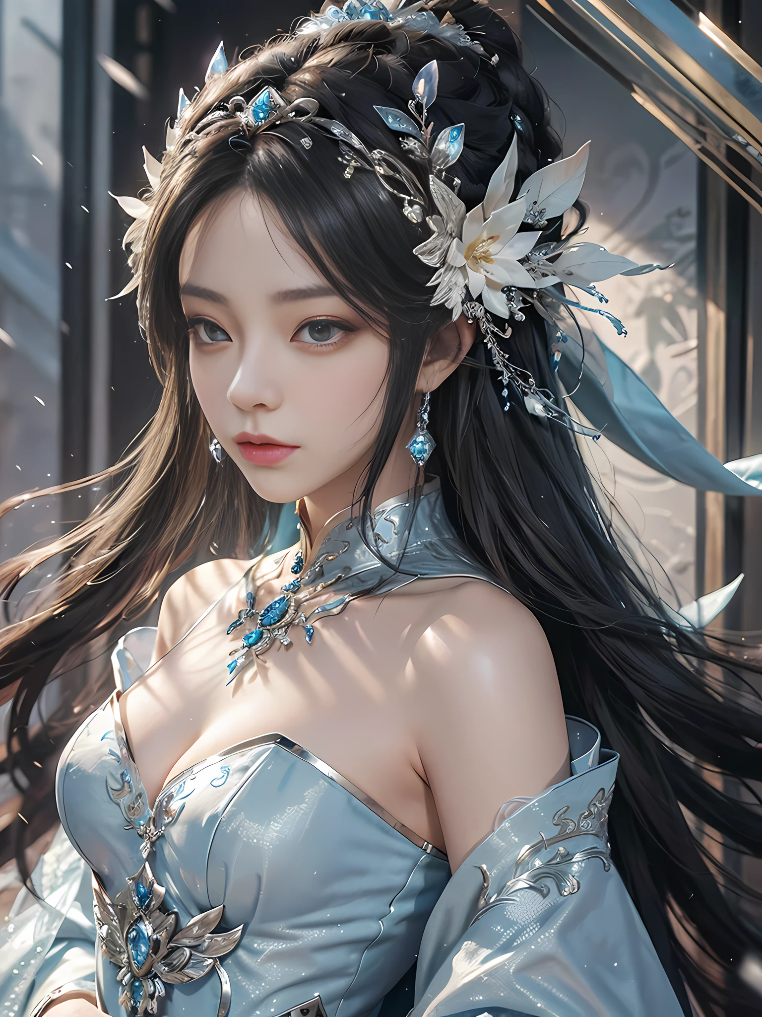 A woman in a silver-blue dress, Cheng Weipan Art Station, Xiuxian Technology Sense, Ice and Snow Beauty, Gauze Sleeves, Detailed Fantasy Art, Stunning Character Art, Epic Exquisite Character Art, Beautiful Complex Armor, Mechanics, Extremely Detailed Art Budding, Detailed Digital Animation Art, Art Station Pixiv on Artgerm, Armor Girl, Heavy and Exquisite Intricate Headdresses and Jewelry, Noble High-Tech Sense, True God Sense of Sight, Atmospheric Sense