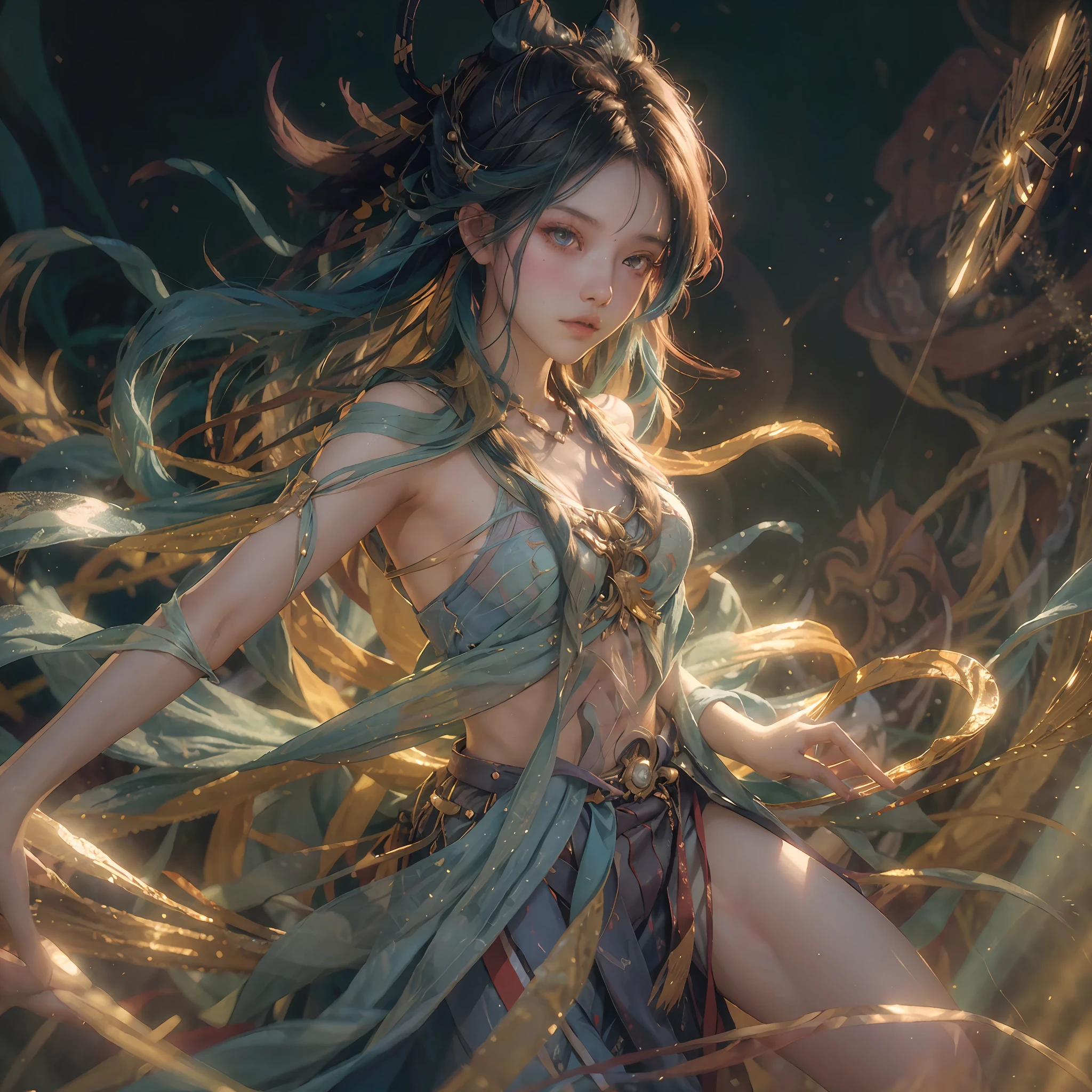 Young girl, streaked hair, colored inner hair, character chart, negative space, projected inset, pov, close-up, cowboy shot, panorama, lens flare, caustics, diffraction spikes, foreshortening, Surrealism, Color Field painting, rococo style, Art Deco, high detail, chiaroscuro, depth of field, cinematic lighting, cinematic lighting, motion blur, chromatic aberration, sparkle, UHD, retina, masterpiece, ccurate, anatomically correct, textured skin, super detail, high details, high quality, award winning, best quality, highres, 1080P, HD, 4K, 8k, 16k --auto --s2