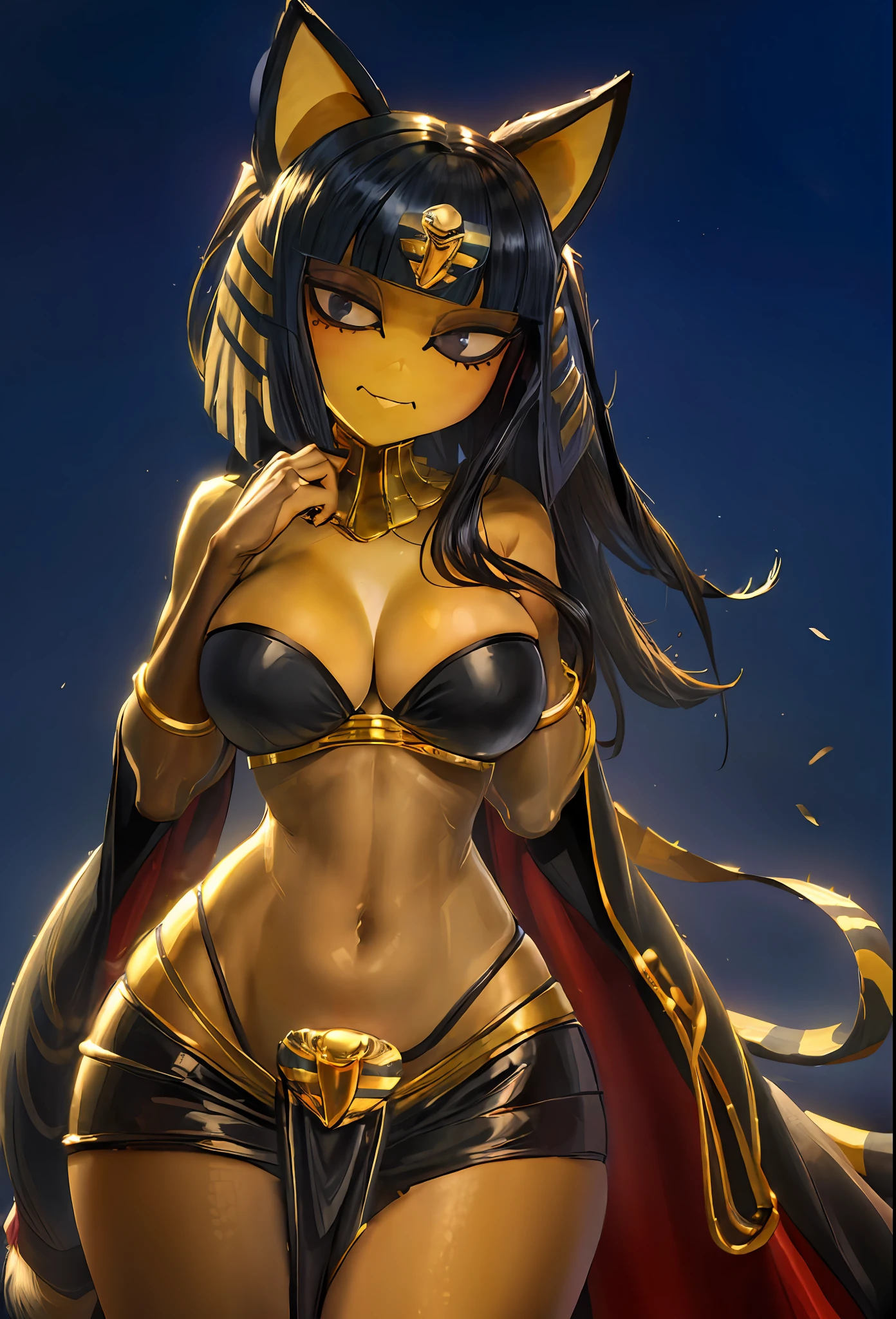 ((masterpiece:1.2)), best quality, ((extreme detail)),(ultra-detailed), anime screencap, extremely, detailed, CG, 3d, unity, 8k, wallpaper, blunt bangs, hime cut, ankha, ankha(animal crossing), tharja, tharja(fire emblem), black hair, long hair, (large breasts), gold loincloth, gold-lined bodystocking, gold hairband, gold collar, ((torn clothes)), lying, hand to own chin, looking at viewer, dark aura, dark energy, black magic, wide hips, (((official art))), (half closed eyes), (full body view), ((large breasts)), ((grin)), thick thighs,