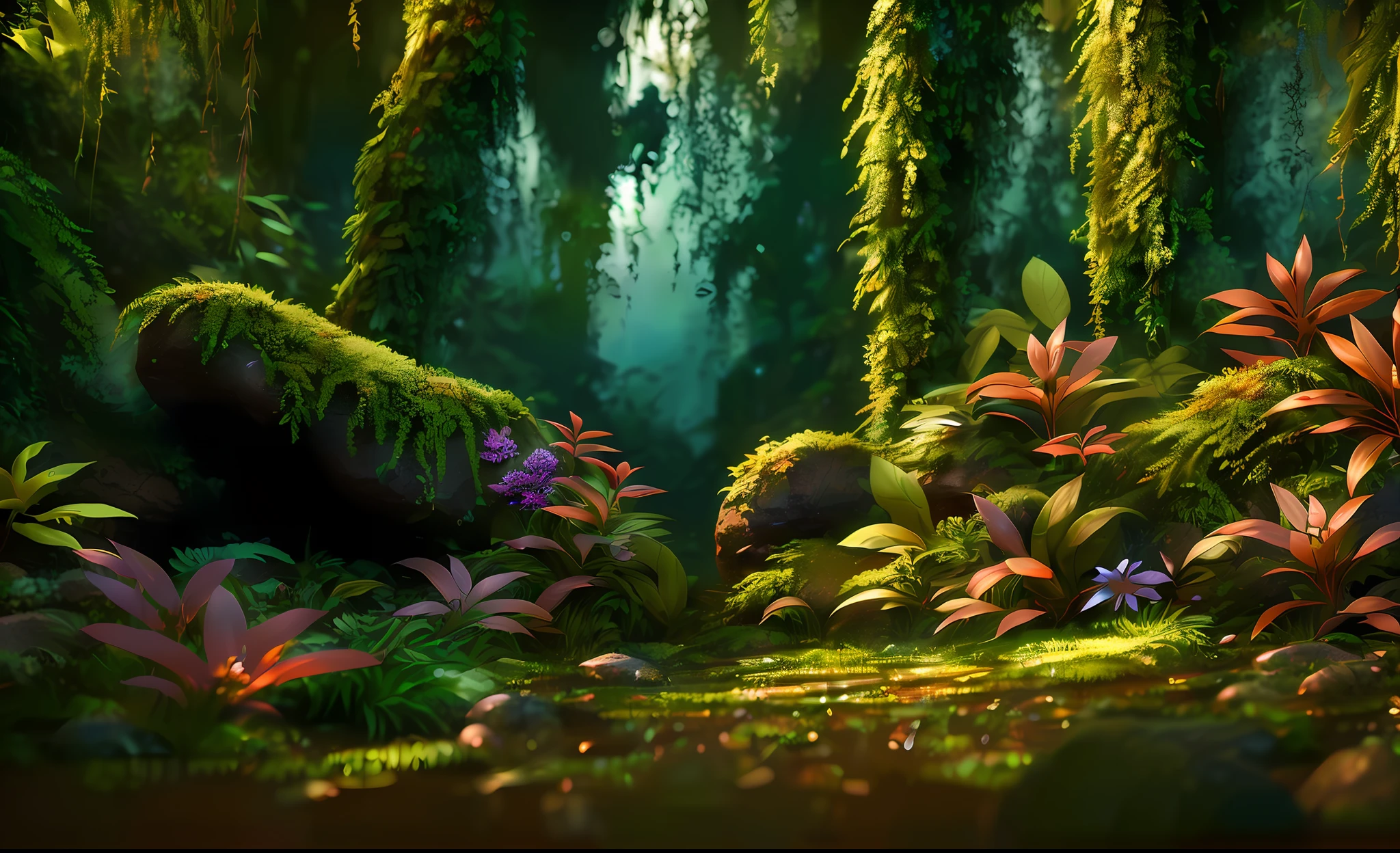 Masterpiece, Best Quality, (Very Detailed CG Unity 8k Wallpaper) (Best Quality), (Best Illustration), (Best Shadow) Delicate leaves of nature Petals of various colors falling in the air Light tracking, detailed and complex digital illustration of dense jungle full of exotic plants and animals, mottled effect of sunlight filtering through the canopy, style of Yoshitaka Amano and Hayao Miyazaki, masterpiece, proportion, detail, art station trend, beautiful lighting, realistic, intricate, award-winning, 4k, Super detailed --v6