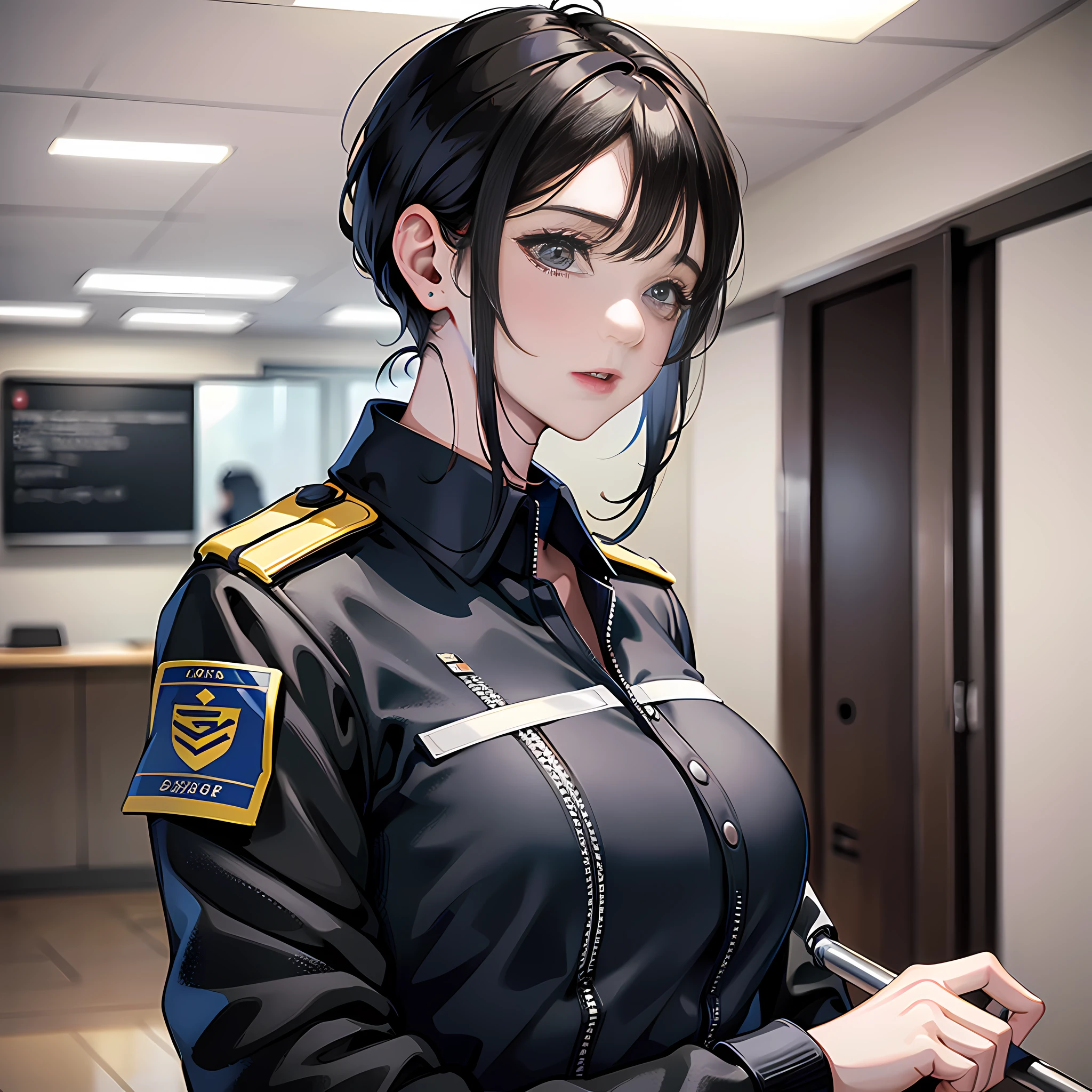 In the conference room, there is a middle-aged female security guard, dressed in uniform, short black hair, frontal, super detailed, 4k, super detailed