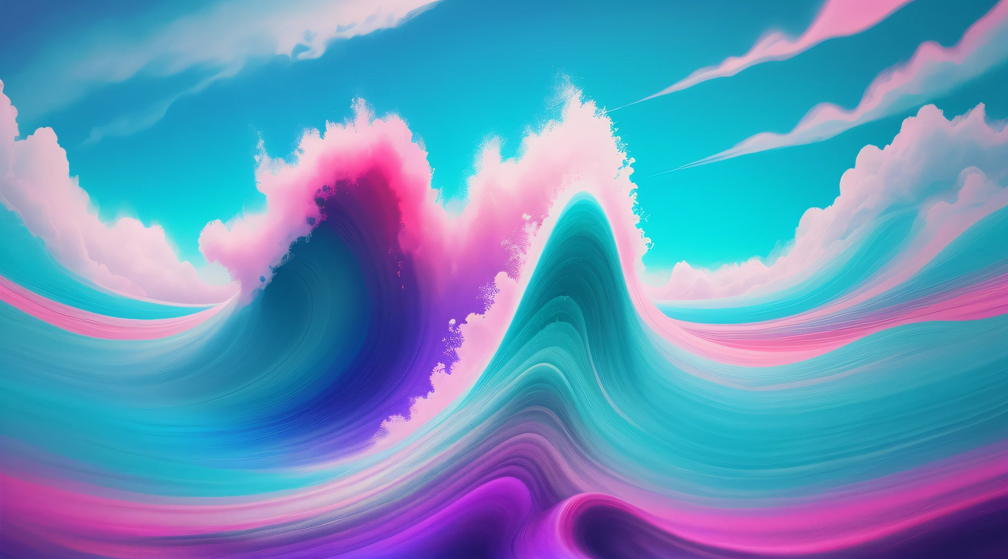Close-up pink blue wave with clouds, abstract natural landscape, bright abstract landscape, stylized layered shapes, surreal colors, surreal ocean vaporwave, 3D matte illustration, surreal background, colorful flat surreal, clouds and waves, bright background, digital illustration style, bright colorful background, psychedelic waves, abstract environment, colorful flat surrealist design, 8k, masterpiece, best quality, super detail