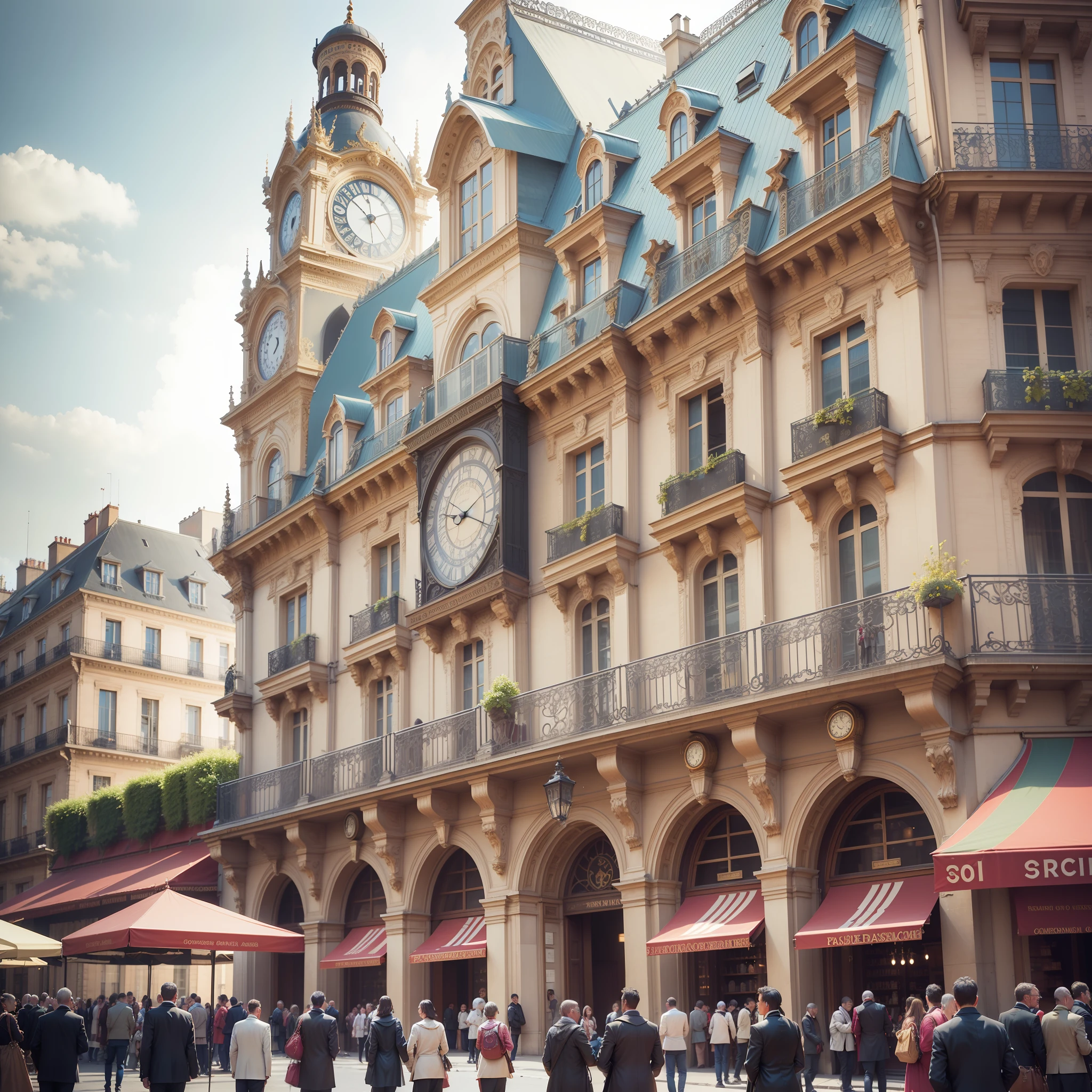 people are walking around a market with a clock on the building, very ornate, seen from outside, market, paris 2010, photo [ far ], seen from the side, highly ornate, imposing, an art nouveau, in paris, elaborate detail, advert, ornate french architecture, exterior shot, edited, [ realistic photo ]!!, photos