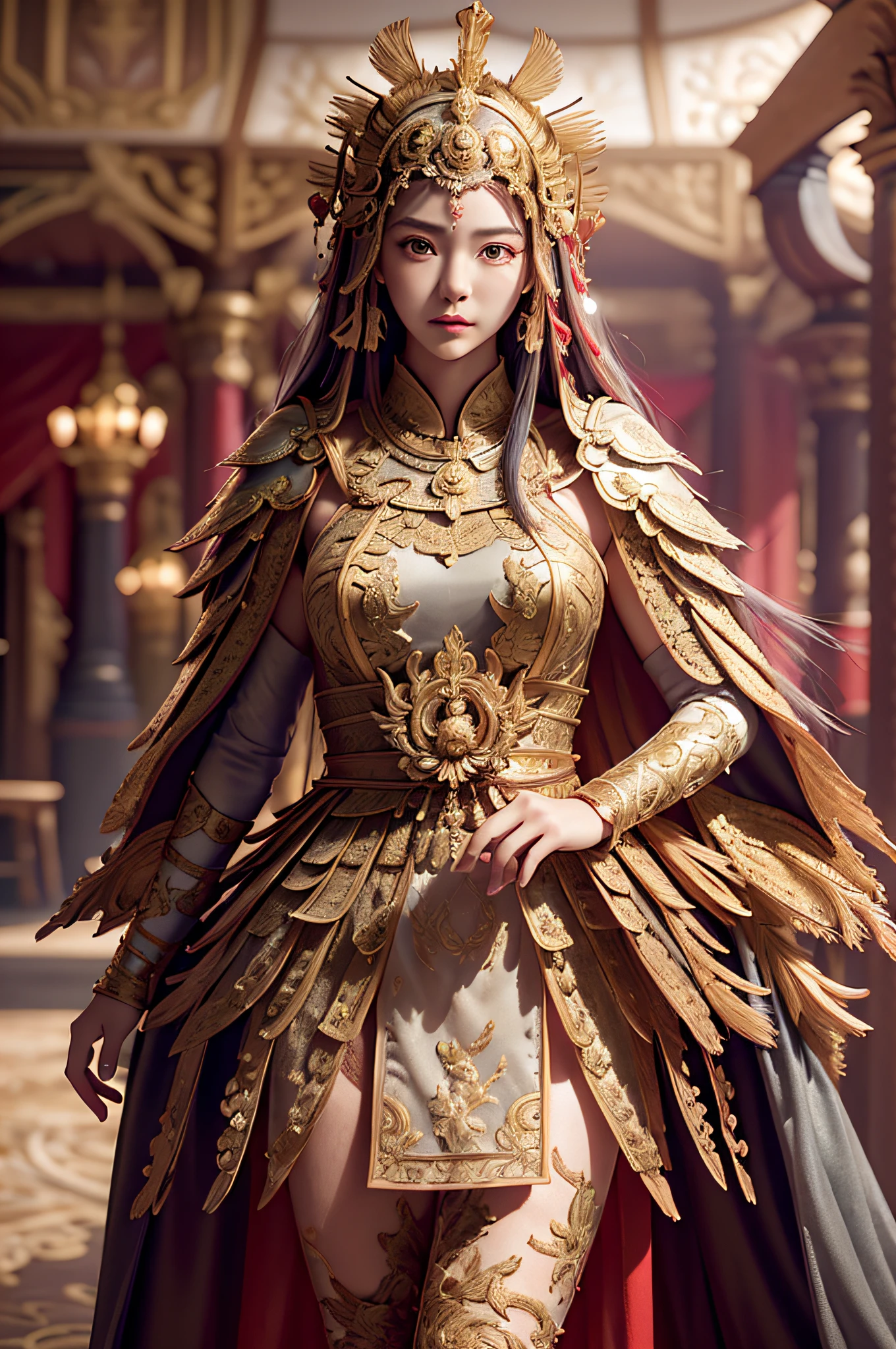 ((masterpiece))), (((best quality))), ((ultra-detailed)), (hyperrealistic), (highly detailed CG illustration), cinematic light, photorealistic ,extremely beautiful young lady, light makeup, big breast, intricate detailed eaba, red cape, spear