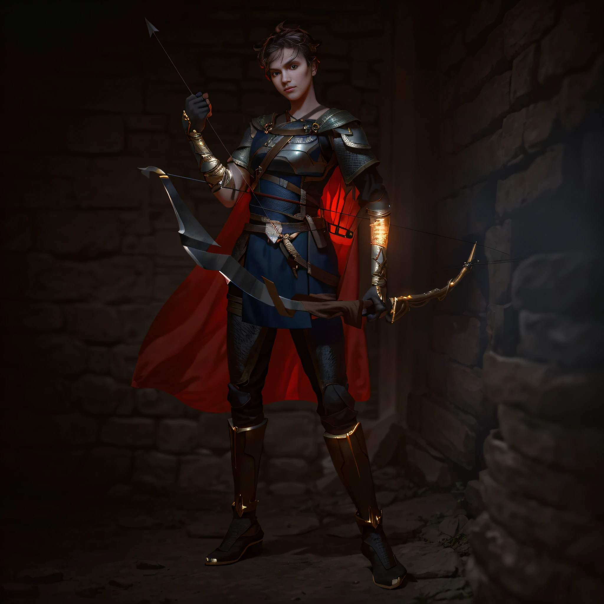 (highest quality: 1.3), cinematic lens, masterpiece, (sharpness focus: 1.5), (realism: 1.3), medium portrait, a man with a bow and arrow, now a leader, wearing delicate chain mail and leather armor, several torches lit on the wall, giving the scene a dark atmosphere, but shaping the body in chiaroscuro), it's night, (highly fine skin), (fine face), detailed background, dark lighting, twilight lighting, volumetric lighting, intricate details, UHD, holding a bow and arrow,