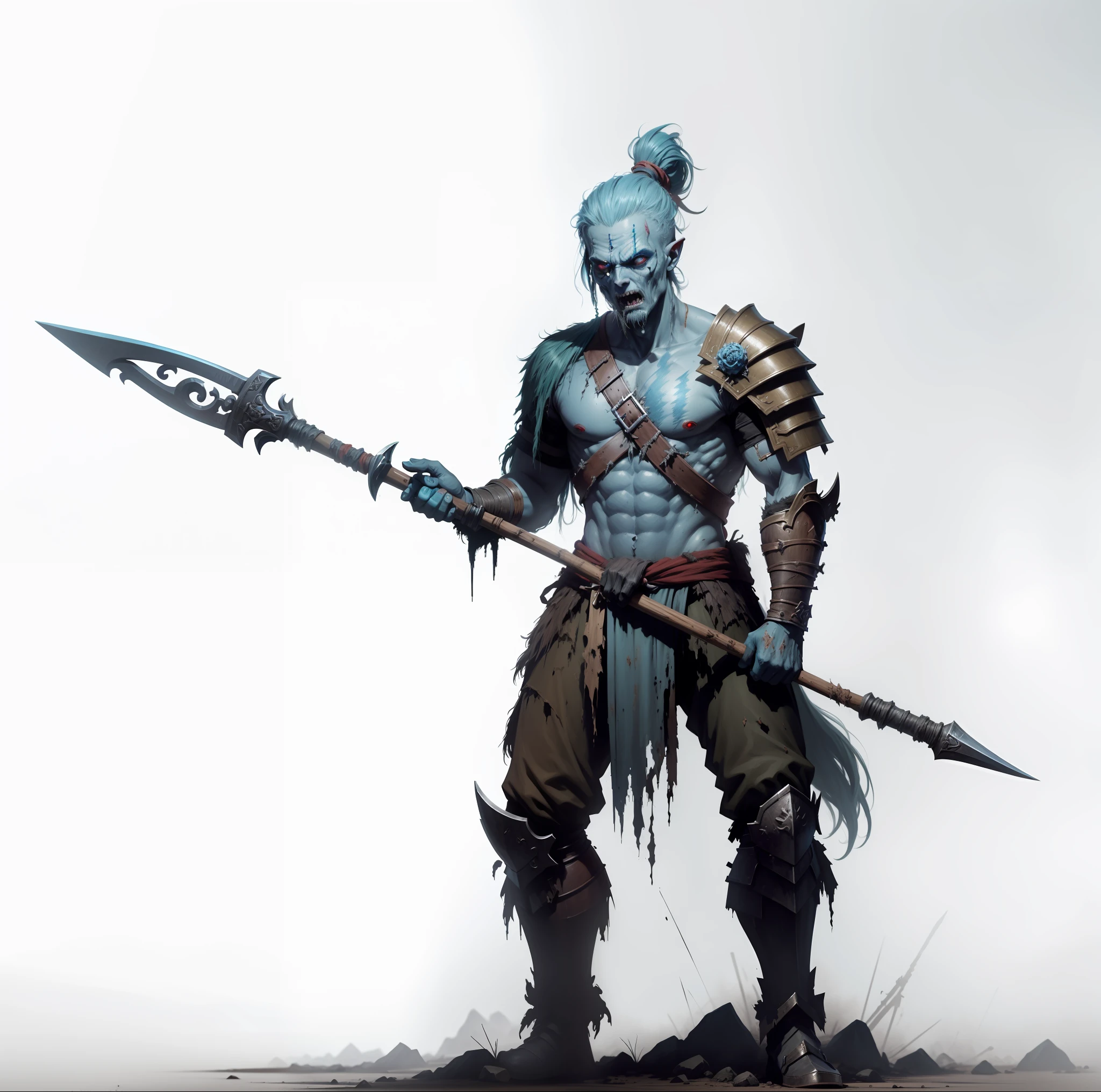 A zombie holding a spear, holding a spear, dirty and rotten, worn soldier armor, DND fantasy art, holding a spear, right hand spear, light blue zombie, concept art character pose, character painting, Yang Qi's painting, God of War style, 4K --auto --s2