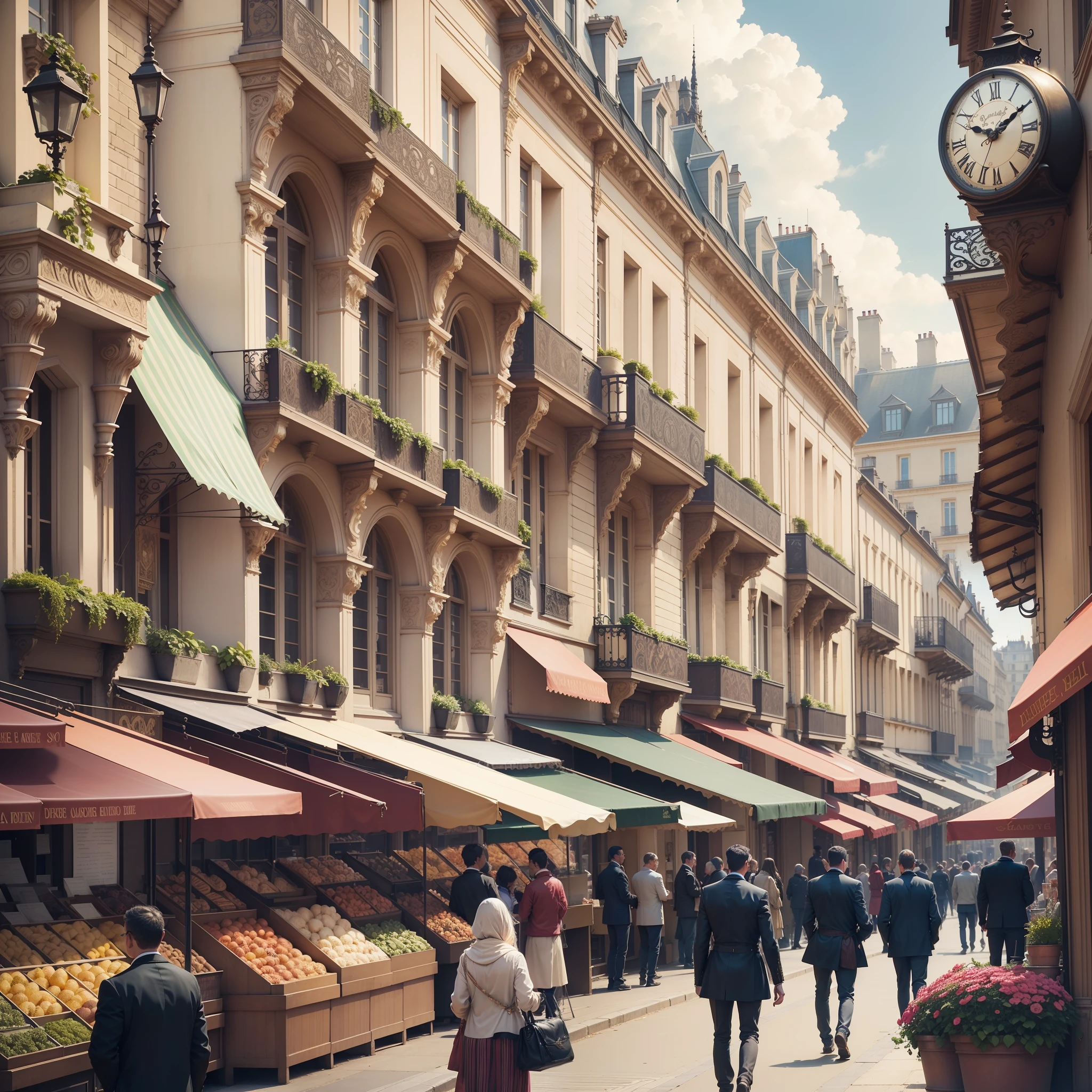 people are walking around a market with a clock on the building, very ornate, seen from outside, market, paris 2010, photo [ far ], seen from the side, highly ornate, imposing, an art nouveau, in paris, elaborate detail, advert, ornate french architecture, exterior shot, edited, [ realistic photo ]!!, photos