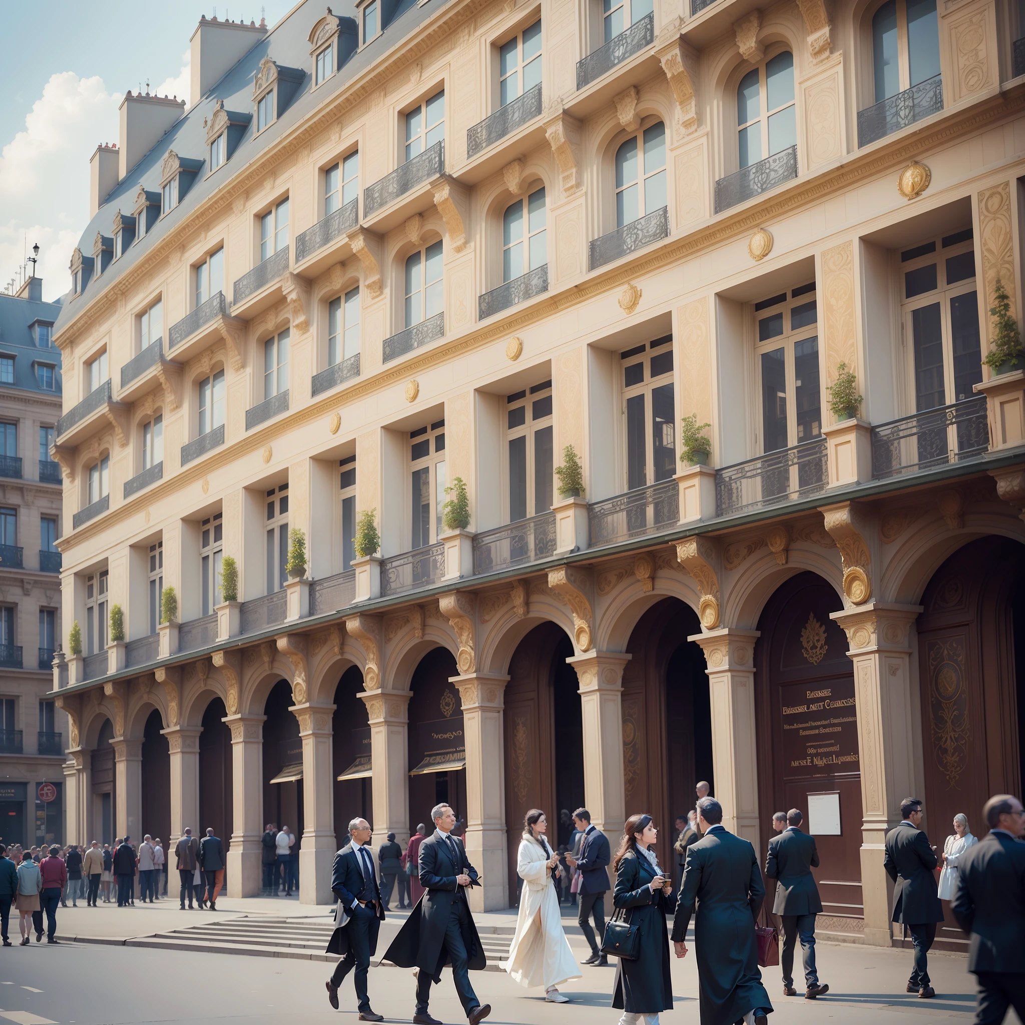 people are walking around a market with a clock on the building, very ornate, seen from outside, market, paris 2010, photo [ far ], seen from the side, highly ornate, imposing, an art nouveau, in paris, elaborate detail, advert, ornate french architecture, exterior shot, edited, [ realistic photo ]!!, photos