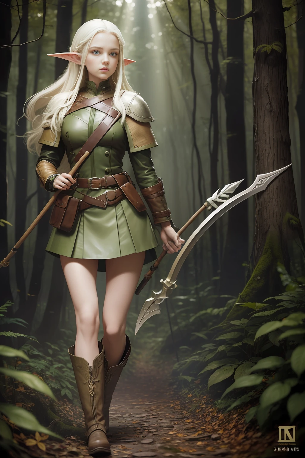 full body shot, a militantly sexy and stunningly beautiful long-haired green-eyed albino elf in a beautiful leather ultra-short skirt and a jacket with deep open cuts stands against the background of a forest thicket on a forest alley, shod in short boots, her legs are bare to panties, a quiver with arrows sticks out from behind her shoulder holding a bow in his hands, back light the sun's rays through the foliage of trees, front soft light filling, beautiful chiaroscuro on the body, shallow depth of field, high detail, clear focus, detail focus, photorealism, tranding on artstation, mark ryden style --auto --s2