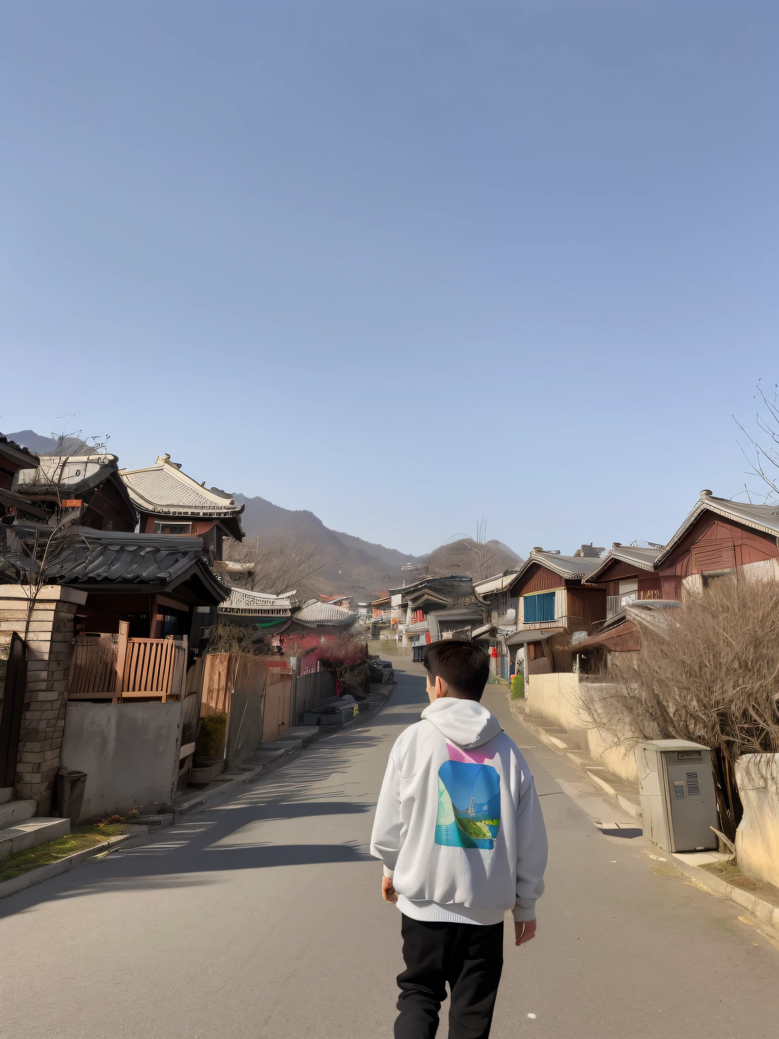 Arapei walking on the street, some houses in the background, inspired by Ma Yuanyu, inspired by Bian Shoumin, villa area, Kim Yiwei, bangs, sunny days, inspired by Zhang Zongcang