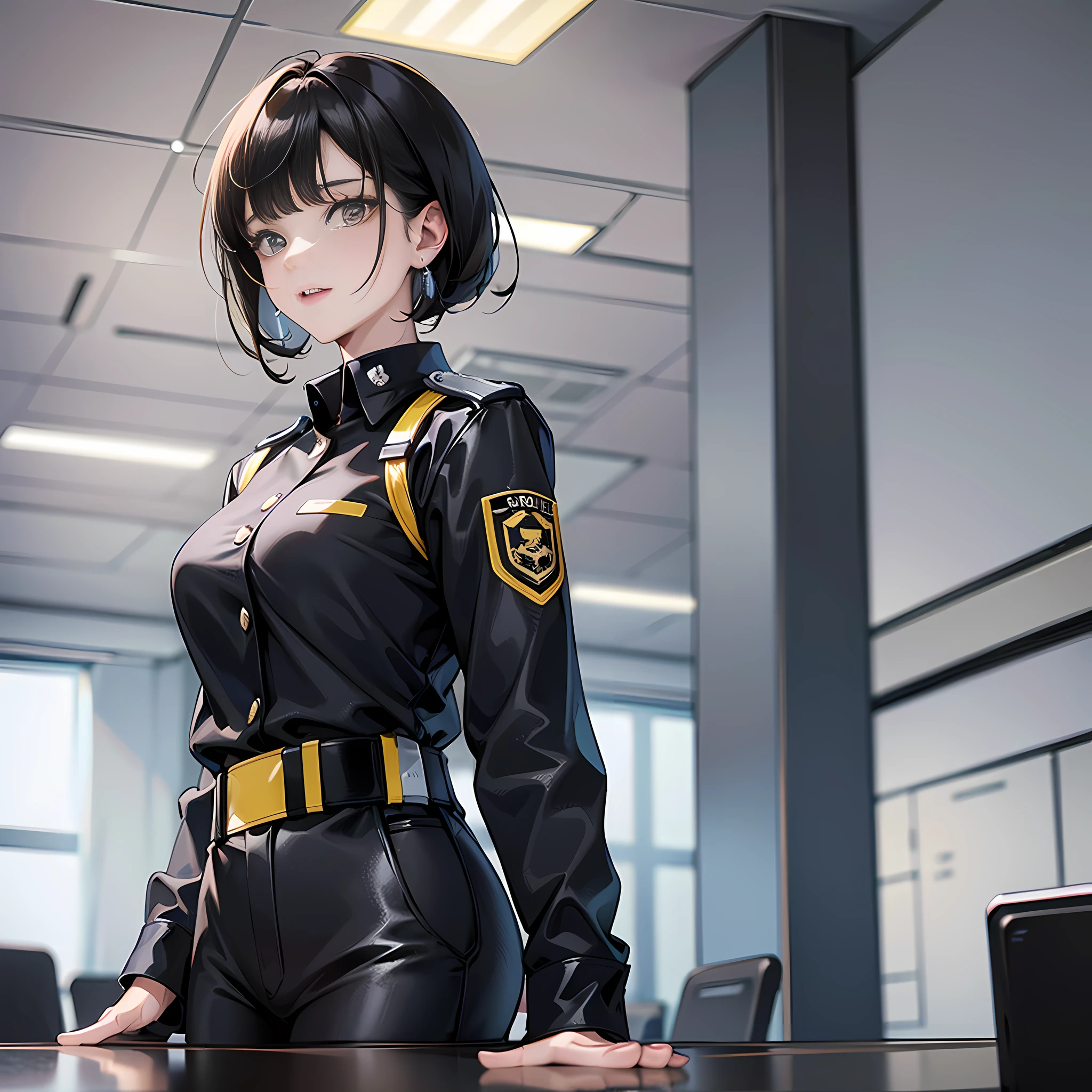 In the conference room, there was a middle-aged female security guard standing up, wearing a black security uniform, short black hair, frontal, super detailed, 4k, super detailed