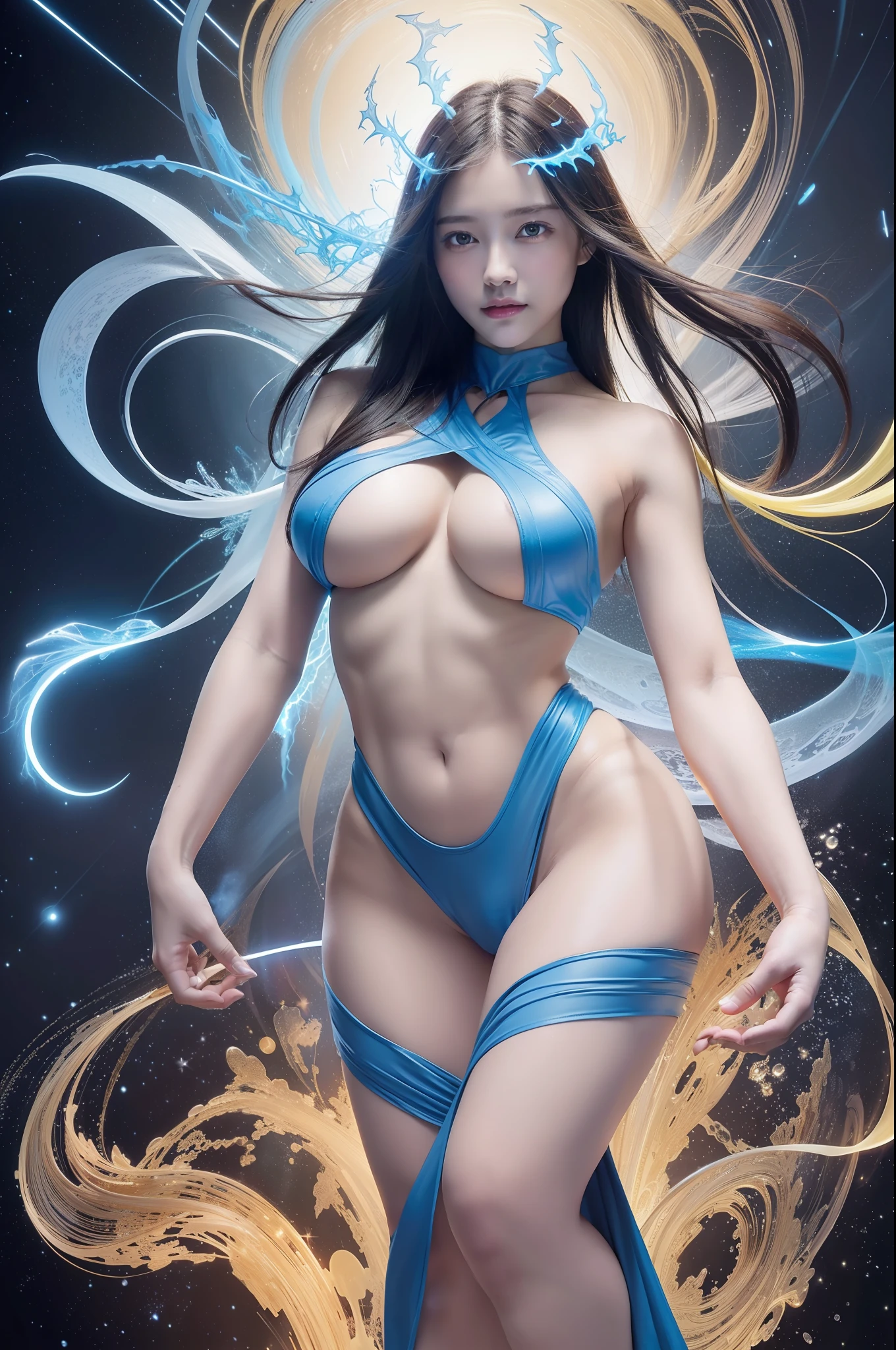 Digital lighting, photoreal stick, woman, (elemental mage wrapped in blue flame and yellow lightning), (chaos of colors), gold and ice tones, depth of field, beautiful, one, full body shot, 25 years old, bewitching, ((SFW: 1.9)), perfect proportions, huge, smile, glamour, soft curve, wide hips, full wet lip, cybernetic perfect body, Perfect Abs, Areola, Navel, Crotch, Sheer Female Organ, White Long Cloth, Very Detailed, Ultrareal, Cinematic Lighting, Clear, Space Background, Movie Lighting Soft, (Backlight: 1.2), (Bloom: 1.2), (Bright Light: 1.1), (Chromatic Aberration: 1.2), Sharp Focus, High Contrast, Masterpiece, Photorealistic, ((SFW: 1.9)), Fractal art, strong wind, fluttering, flowing,