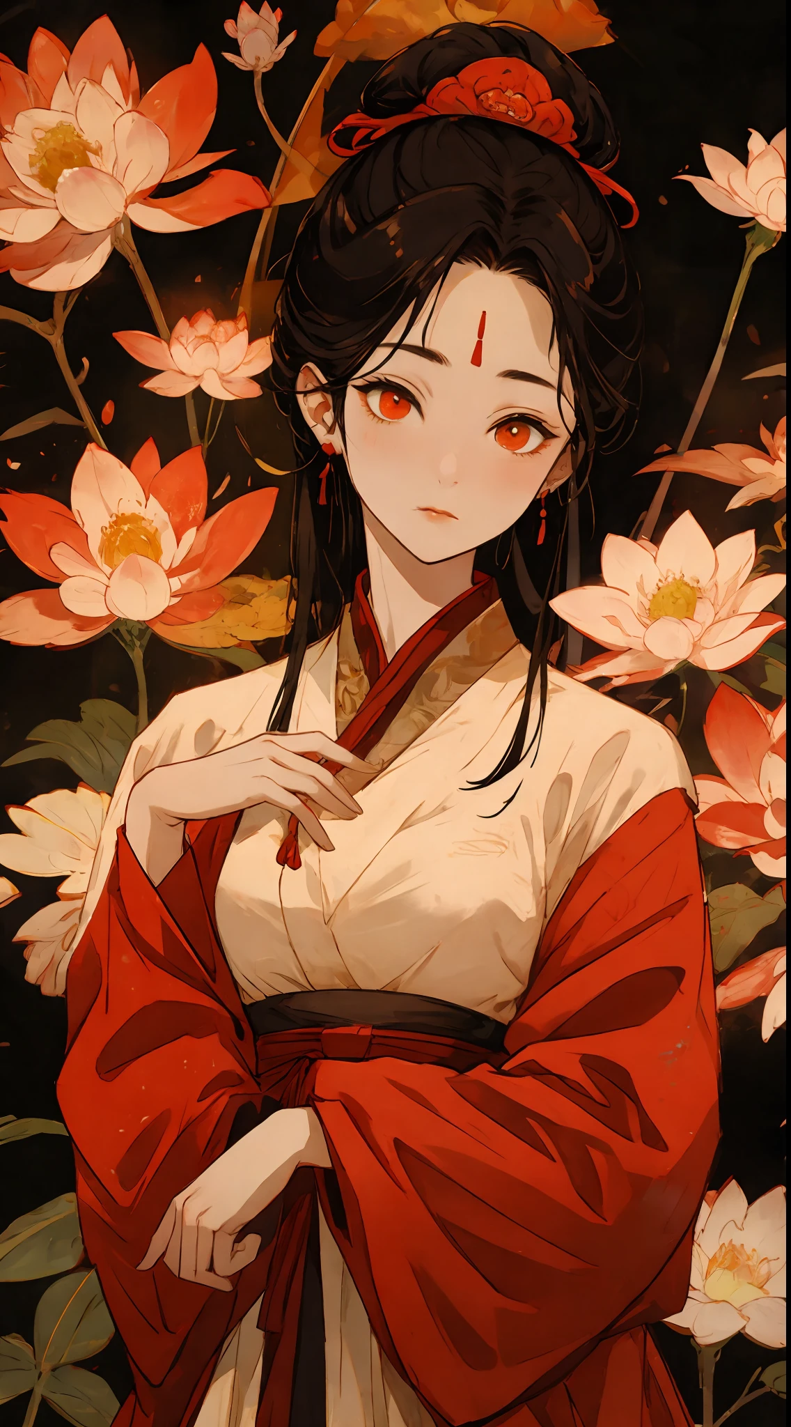 Superb Beauty, (Milky Skin: 1.3), Exquisite Details, High Resolution, Wallpaper, 1 Woman, Solo, Dress, Hair Accessories, (((Golden Red Dress)) ), Flower, Long Hair, Brown Hair, Shut Up, Accessories, Long Sleeves, Raised Hands, Wide Sleeves, Big Eyes, Flowing Hair, Hanfu, Hanfu, Embroidery, Long Dress, Natural Pose, Falling Petals, Indoor, Fanning, Lantern, 16K, HDR, High Resolution, Depth of Field, (Film grain: 1.1), Bocon, Primetime, (lens flare), vignette, rainbow, (color grading: 1.5),