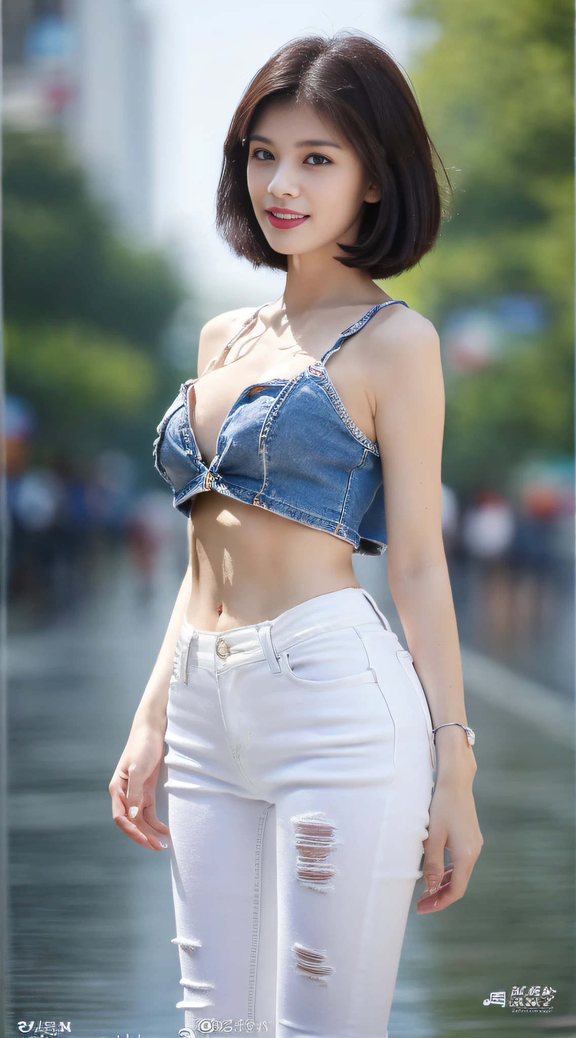 ((Best Quality, 8k, Masterpiece: 1.3)), Focus: 1.2, Perfect Body Beauty: 1.4, ((Layered Haircut, Smaller Boobs: 1.2)), (Rain, Street:1.3), White bandeau, shoulder straps, skinny jeans, Delicate face, Fine eyes, Facing the audience, Whitened skin, (Shut up: 1.3), Full body