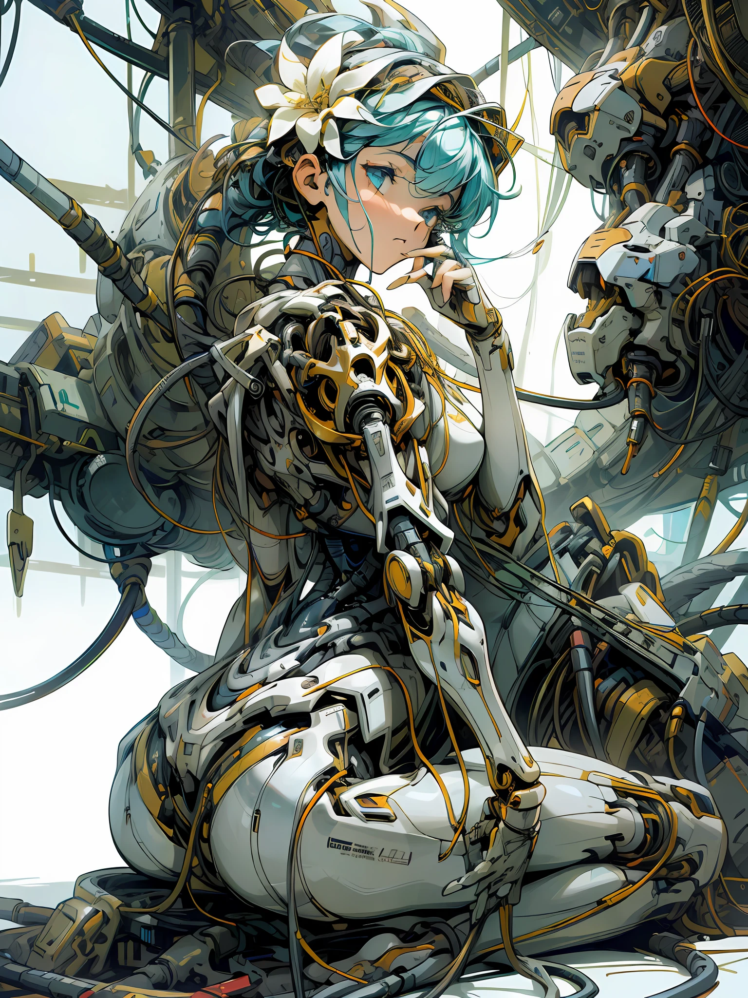 (masterpiece, top quality, best quality, official art, beautiful and aesthetic:1.2), (1girl:1.3), extreme detailed,colorful,highest detailed ((ultra-detailed)), (highly detailed CG illustration), ((an extremely delicate and beautiful)),(from side),cinematic light,1girl,solo,full body,(mechanical vertebra attaching to back),((mechanical cervial attaching to neck)),(sitting),expressionless,(wires and cables attaching to neck:1.2),(wires and cables on head:1.2)(character focus),science fiction,white background,