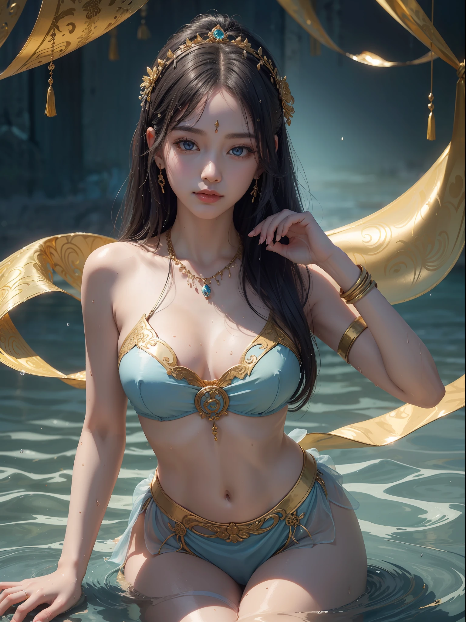 A Buddhist Bodhisattva Girl, (Masterpiece, Top Quality, Best Quality, Official Art), (KPOP idol), Super Long Hair, Messy Long Hair, Delicate Jewelry, Delicate Bracelet, Delicate Hair Ornament, High Feeling, Aperture Behind, Fairy Fluttering, Looking Up View, Barefoot, Golden Bracelet on Ankle, Ancient Chinese Clothing, (Conservative Clothes), Gorgeous Silk, Flowing Tulle, Dazzling Background, Golden Aperture on the Back, Gold Falun in the Back, Best Light, Best Shadows, Cinematic Lighting, Mystery, Background Pure Black with Ring Aperture, Ultra HD, 8K, Fair Skin, Wolp_style, duhuang_style, Upper Body Close-up, Detailed Face, (Sideways: 1.5), 28 years old, 1girl, Dressed decently, super long clothes, black hole background, in a temple in Thailand, one leg on the ground, left hand to do Buddha hand on chest, other raised above head to do Buddha hand, surrealism, photo, realistic, { (Surfacing from the clear pool, splashing a lot, splashing, water ripples), (wet clothes: 1.5) (wet body: 3.0), (wet hair: 1.5)}, medium chest, 48KG weight, smooth skin, light blue pupils, detailed eye painting, (super white skin, supple skin), (face focus, bending over to look at the camera, snapping)