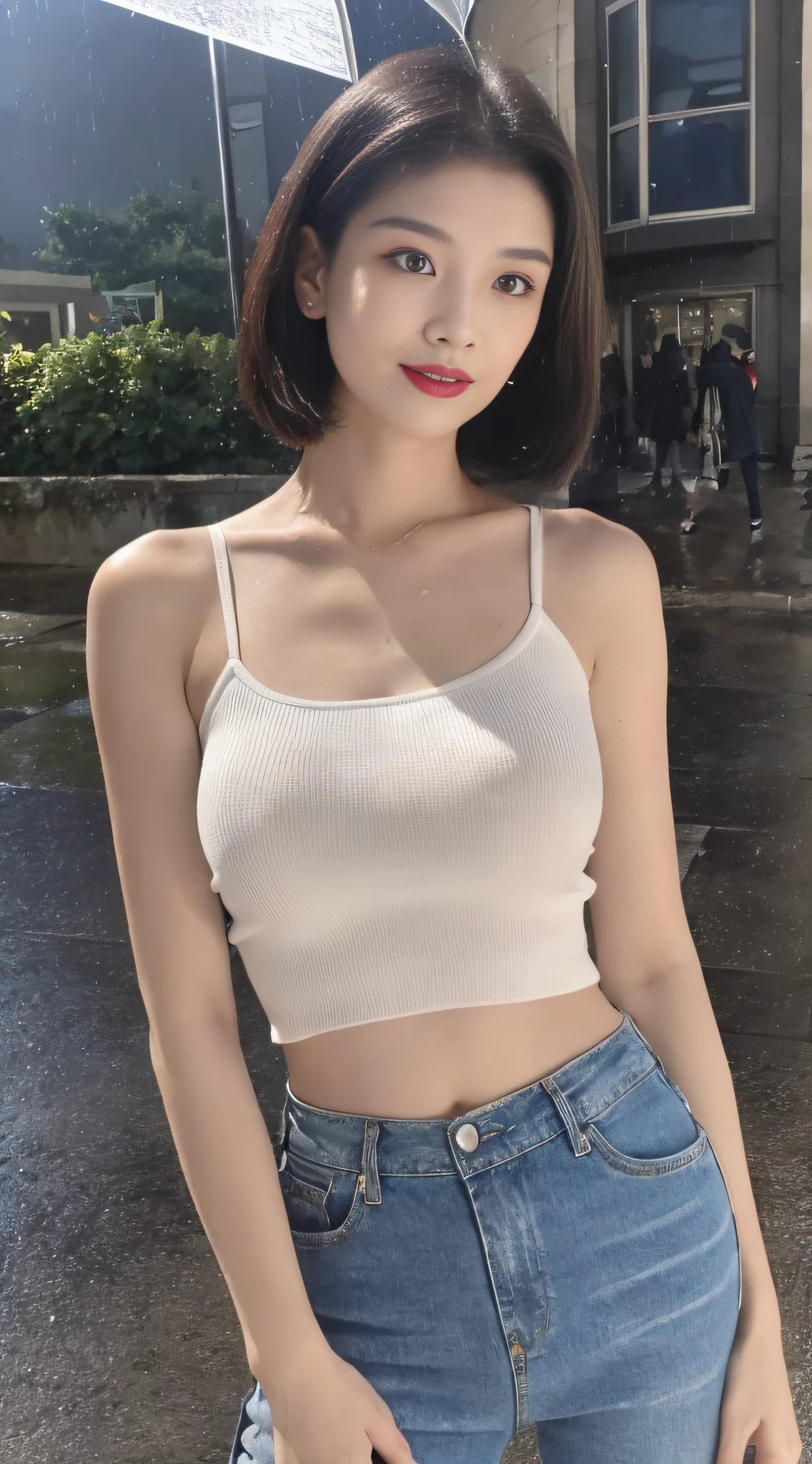 ((Best Quality, 8k, Masterpiece: 1.3)), Focus: 1.2, Perfect Body Beauty: 1.4, ((Layered Haircut, Smaller Boobs: 1.2)), (Rain, Street:1.3), White bandeau, shoulder straps, skinny jeans, Delicate face, Fine eyes, Facing the audience, Whitened skin, (Shut up: 1.3), Full body