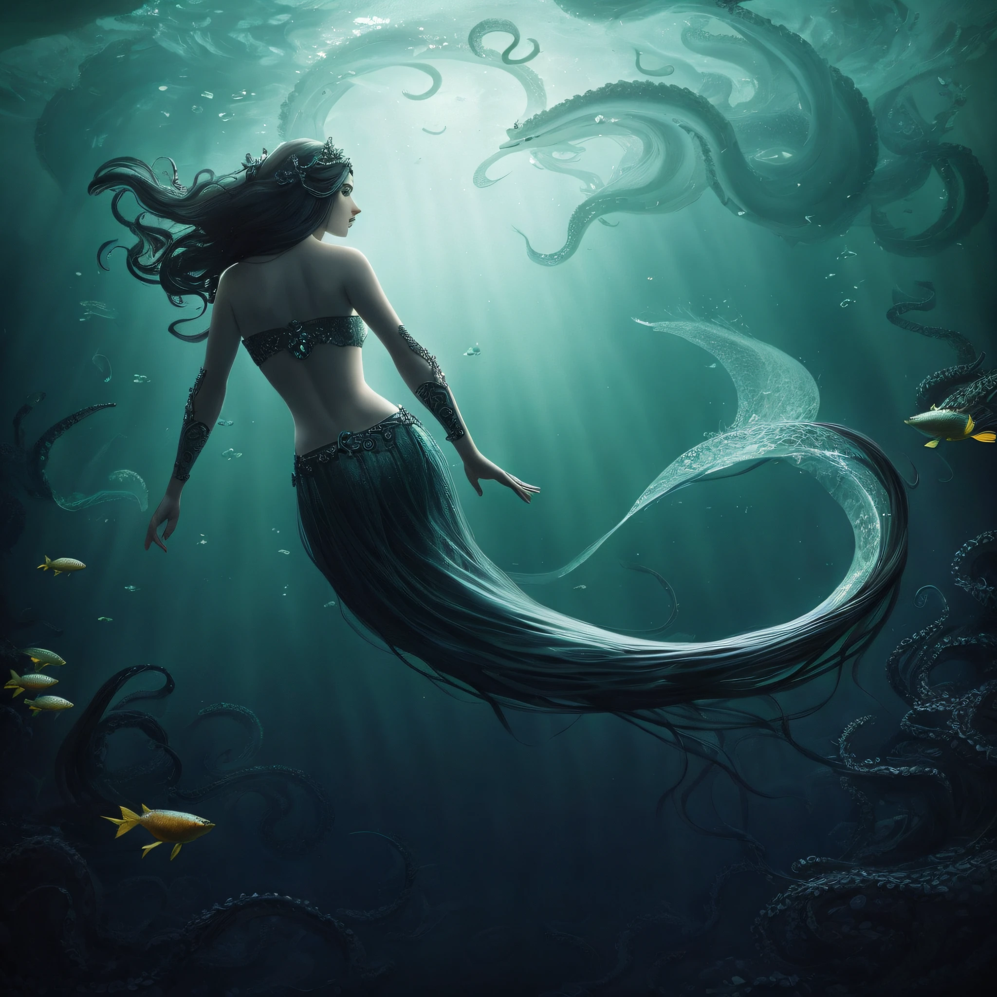 Long-haired Kraken floating in the sea, with fish tails, beautiful Kraken, Kraken in the sea, goddess of the sea