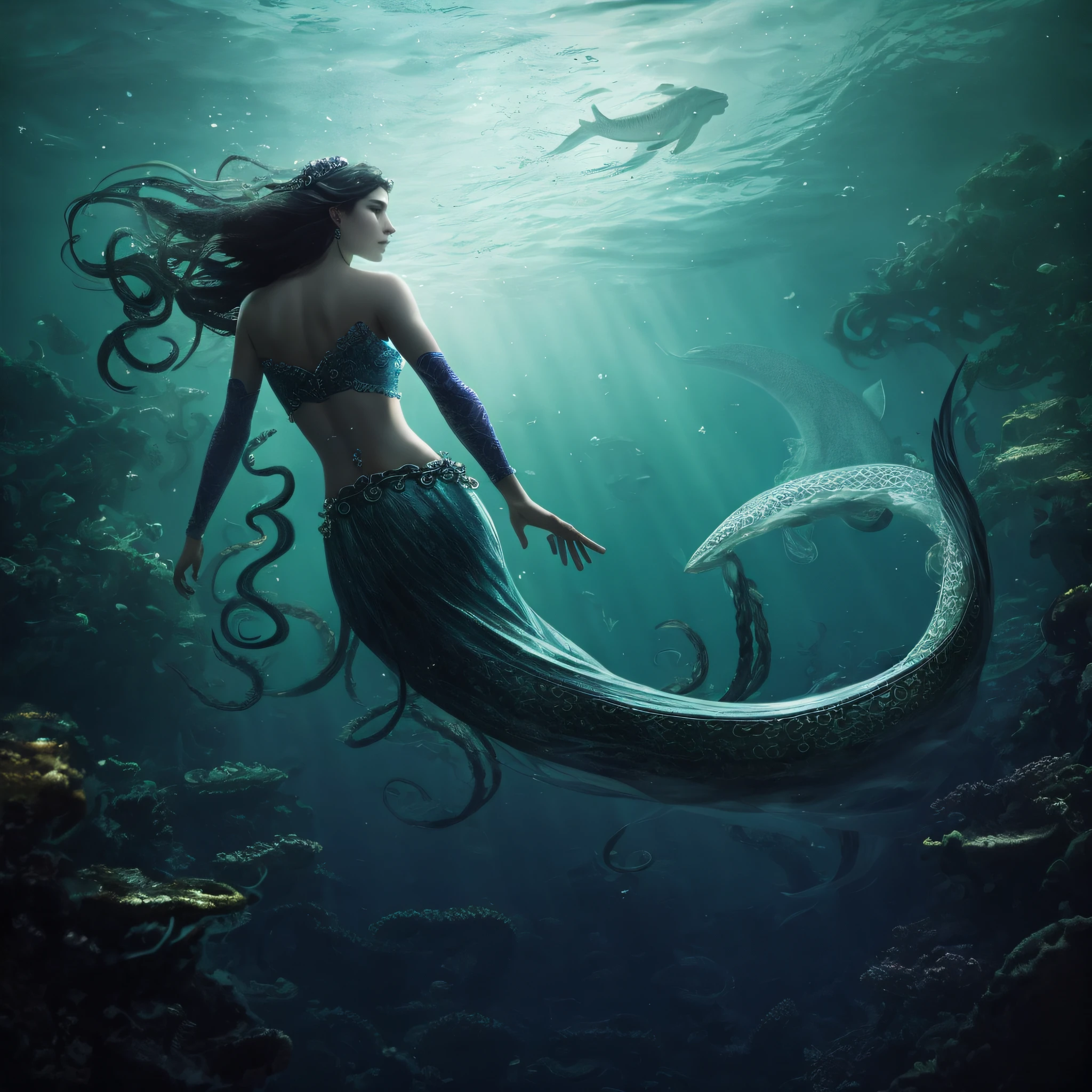 Long-haired Kraken floating in the sea, with fish tails, beautiful Kraken, Kraken in the sea, goddess of the sea