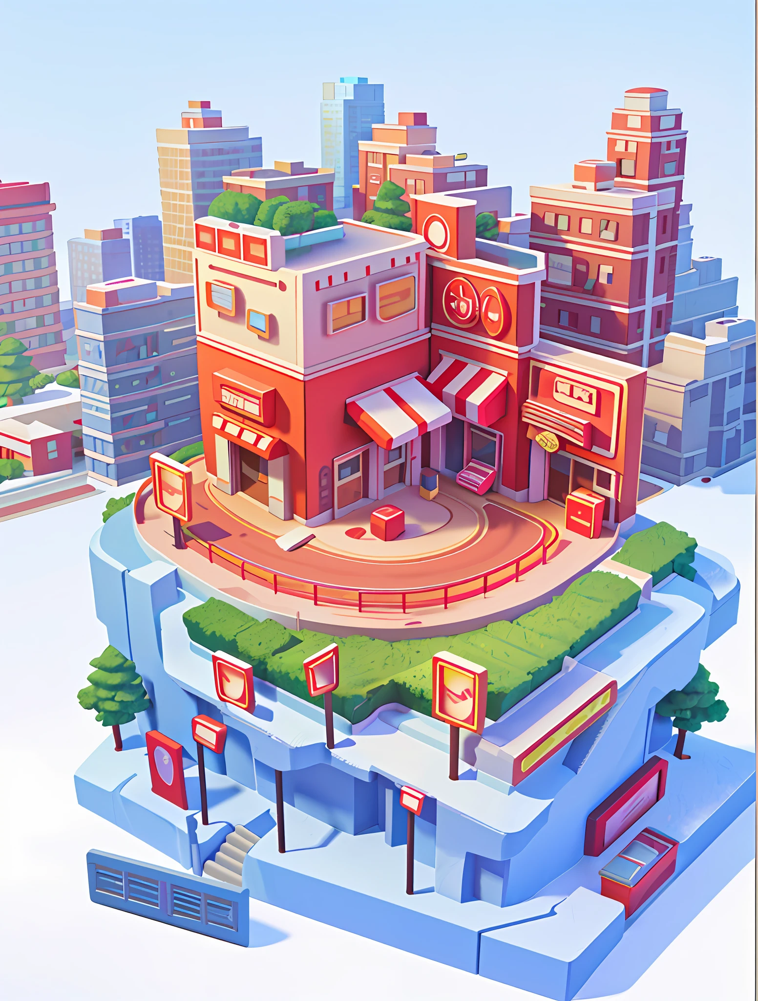 there is a small red building with a lot of boxes on it, commercial illustration, mall background, detailed 2d illustration, 3 d illustration, 3d illustration, 8 k cartoon illustration, detailed scene, official artwork, 3 d epic illustrations, 2. 5 d illustration, official illustration, a beautiful artwork illustration, detailed photo of virtual world, isometric illustration