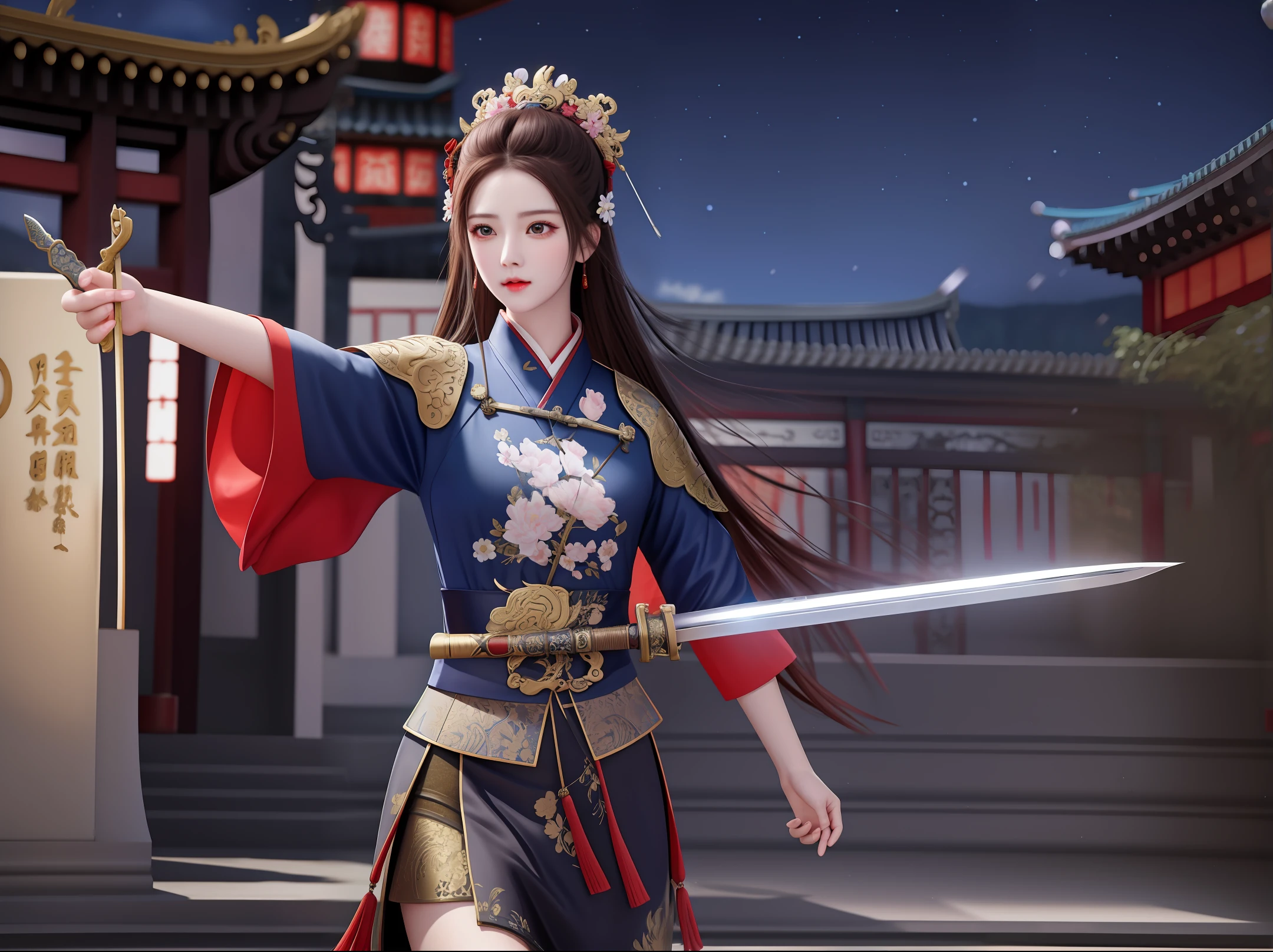 Realistic, ultra-high resolution, best picture quality, masterpiece, woman with sword, ancient Chinese style, sword pointing at the audience (city gate, night, movie lighting), (realism: 1.4), (ulzzang-6500-v1.1:0.66),
