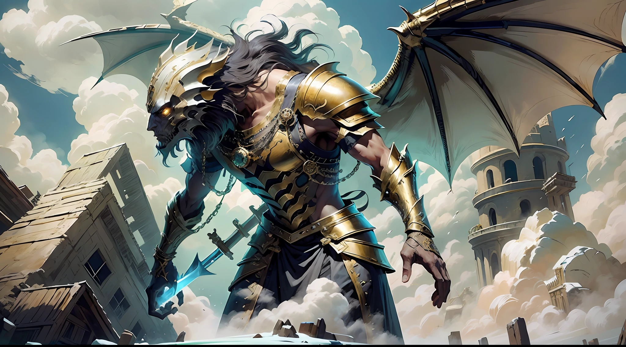 A strong magic swordsman with a beard and a magic sword in his hand, dressed in exquisite gold armor, equipped with magic swordsman equipment, and dragon wings floating behind his back. The picture is full of steam from the mechanical age, and the background of the scene is the ruins of the sky city.