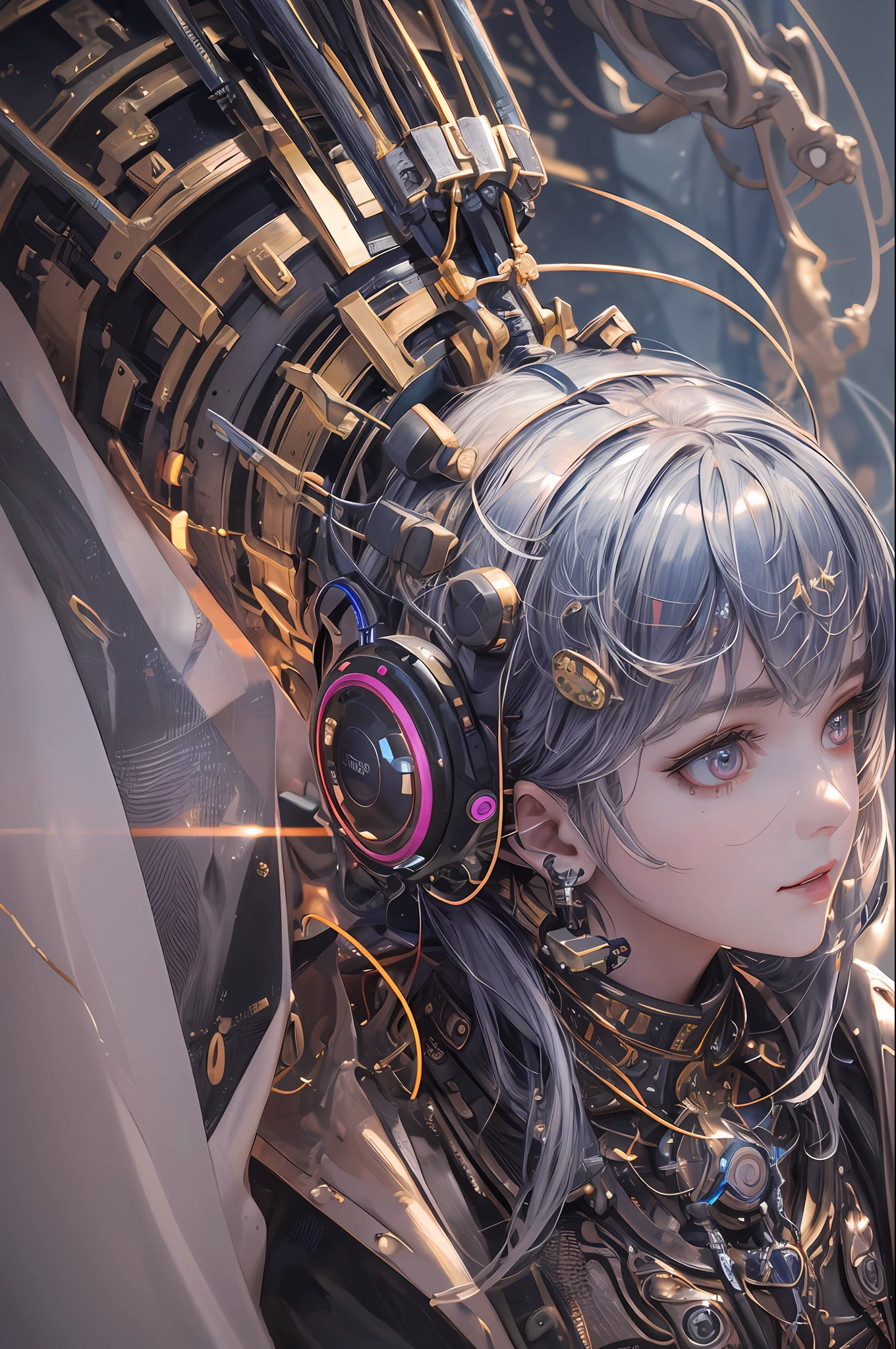 1mechanical girl,((ultra realistic details)), portrait, global illumination, shadows, octane render, 8k, ultra sharp,metal,intricate, ornaments detailed, cold colors, egypician detail, highly intricate details, realistic light, trending on cgsociety, glowing eyes, facing camera, neon details, machanical limbs,blood vessels connected to tubes,mechanical vertebra attaching to back,mechanical cervial attaching to neck,sitting,wires and cables connecting to head