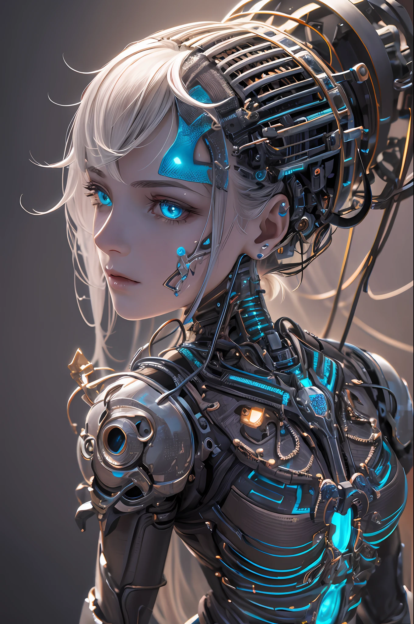 1mechanical girl,((ultra realistic details)), portrait, global illumination, shadows, octane render, 8k, ultra sharp,metal,intricate, ornaments detailed, cold colors, egypician detail, highly intricate details, realistic light, trending on cgsociety, glowing eyes, facing camera, neon details, machanical limbs,blood vessels connected to tubes,mechanical vertebra attaching to back,mechanical cervial attaching to neck,sitting,wires and cables connecting to head