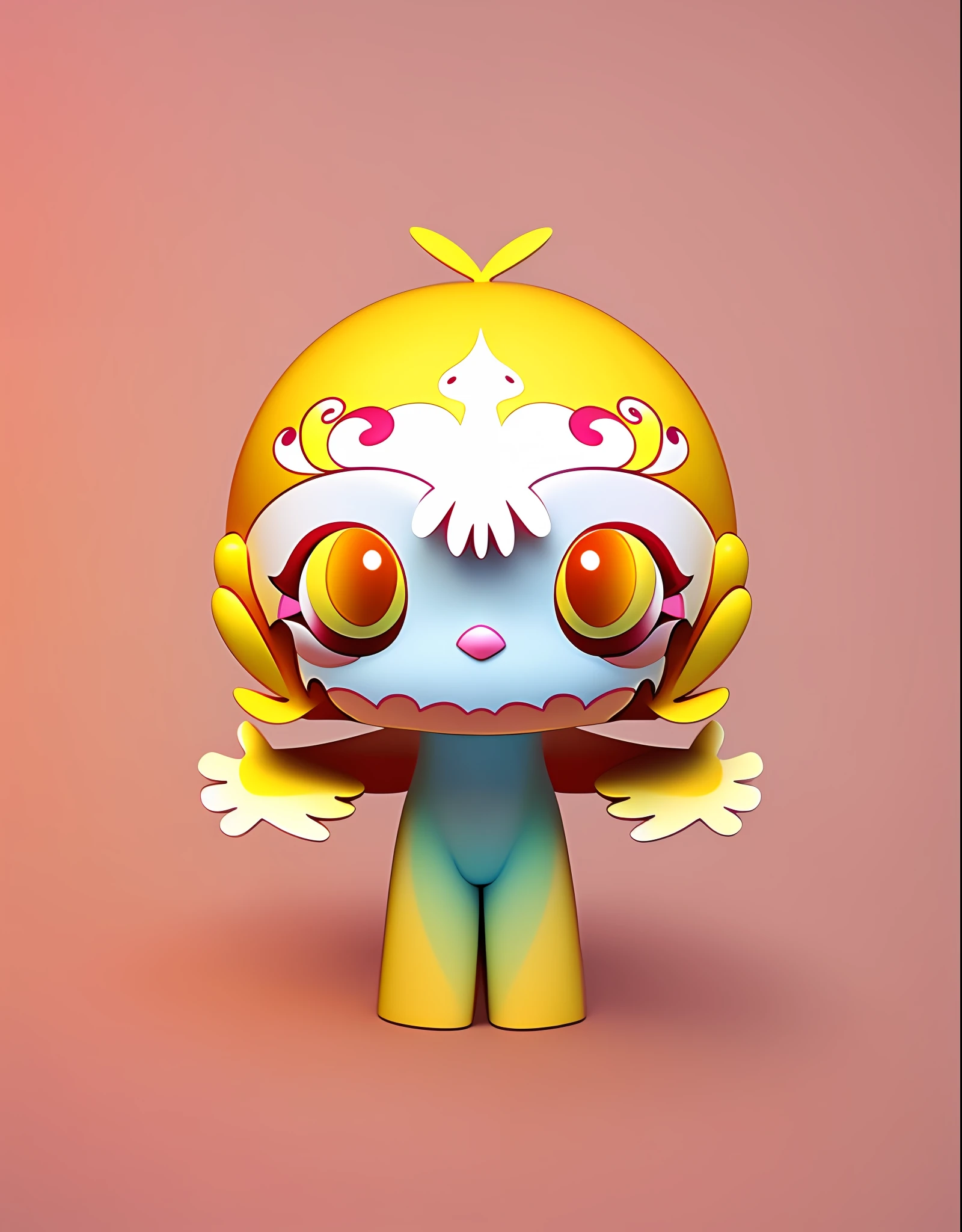 (Digital painting) 3D modeling, C4D, big golden eyes of a doll girl, no stroke, feathers on the sides of her cheeks, purr, inspired by Awataguchi highlight, inspired by Takashi Murakami,