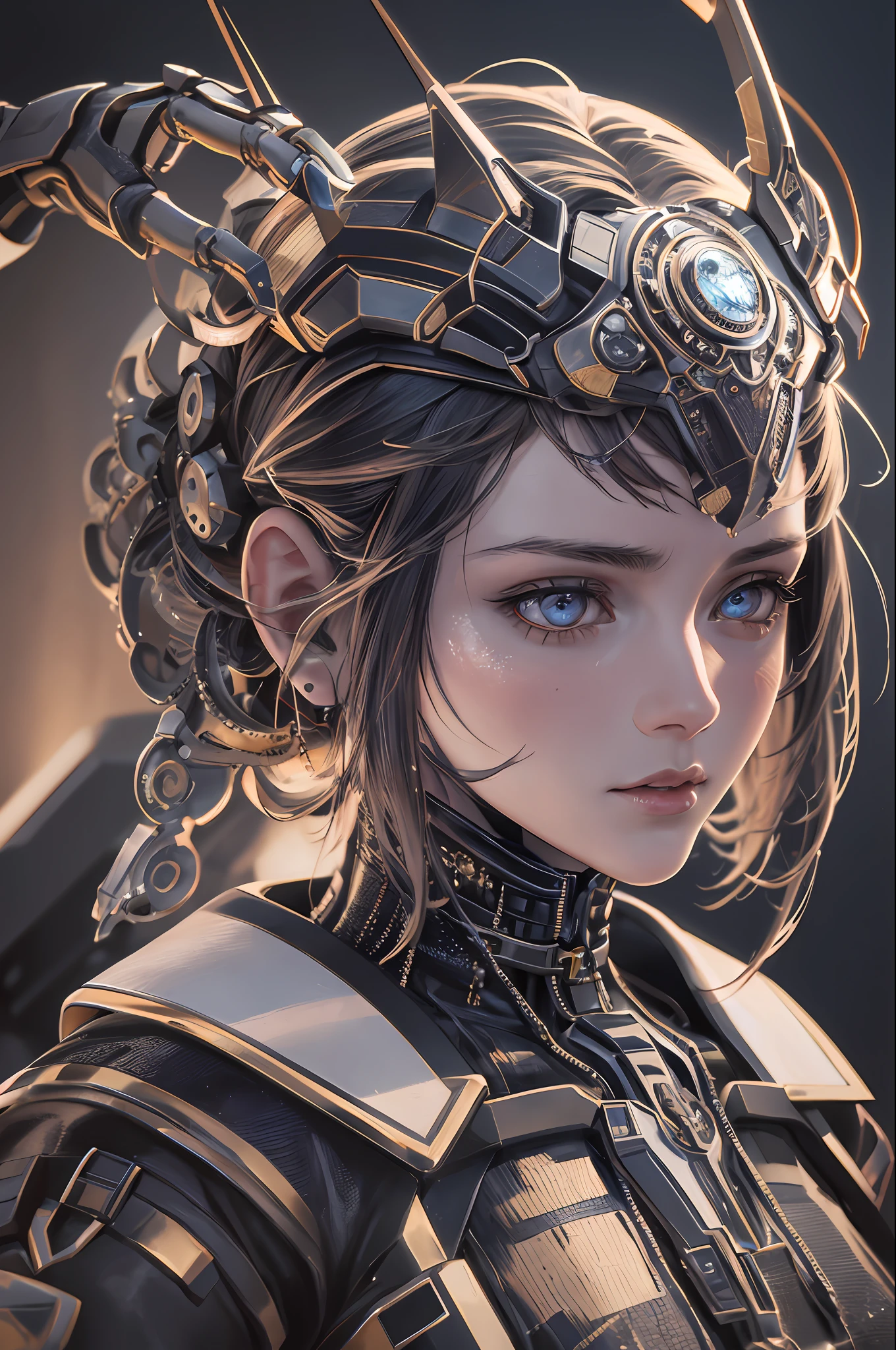 1mechanical girl,((ultra realistic details)), portrait, global illumination, shadows, octane render, 8k, ultra sharp,metal,intricate, ornaments detailed, cold colors, egypician detail, highly intricate details, realistic light, trending on cgsociety, glowing eyes, facing camera, neon details, machanical limbs,blood vessels connected to tubes,mechanical vertebra attaching to back,mechanical cervial attaching to neck,sitting,wires and cables connecting to head