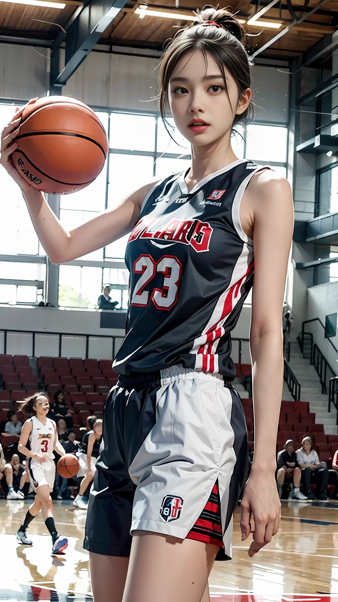 A group of women in basketball uniforms, playing basketball on the basketball court