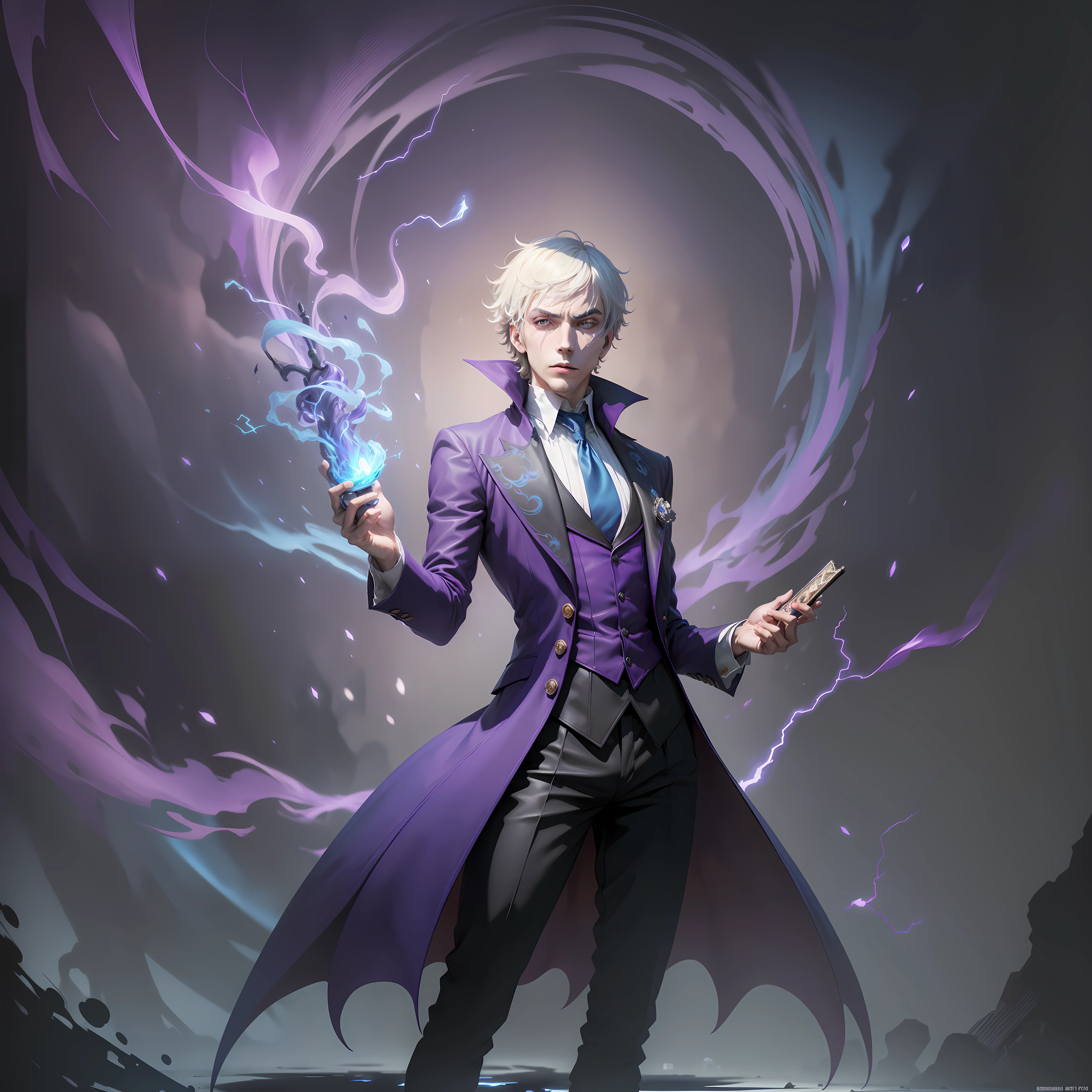 (best quality, masterpiece) "Igor" from Persona 5 wallpaper, full body, (1920x1080), (dark and mysterious:1.2) color grading, (shadow and highlight:1.3), holding tarot cards, (cigarette:0.9), blue outfit, (confident expression:1.1), fusion theme, (electricity, purple fire, blue ice:1.2), (magical aura:1.2), urban background.