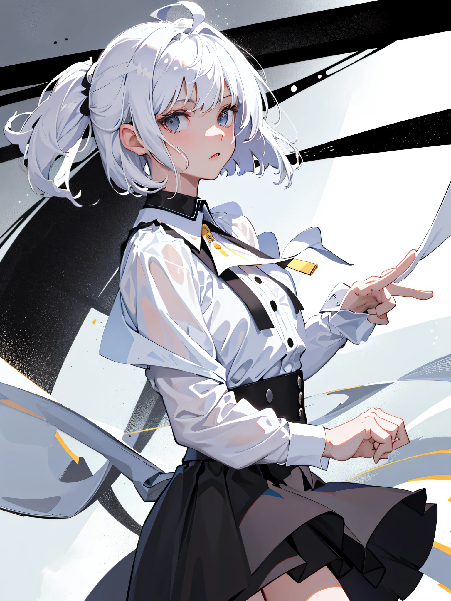 ((masterpiece, best quality)), (1girl), (solo), (female focus), (ahoge, white hair, short hair), black eyes, ((white shirt), (buttoned shirt)), ((black skirt), (short skirt)), standing, white background, behind arms,