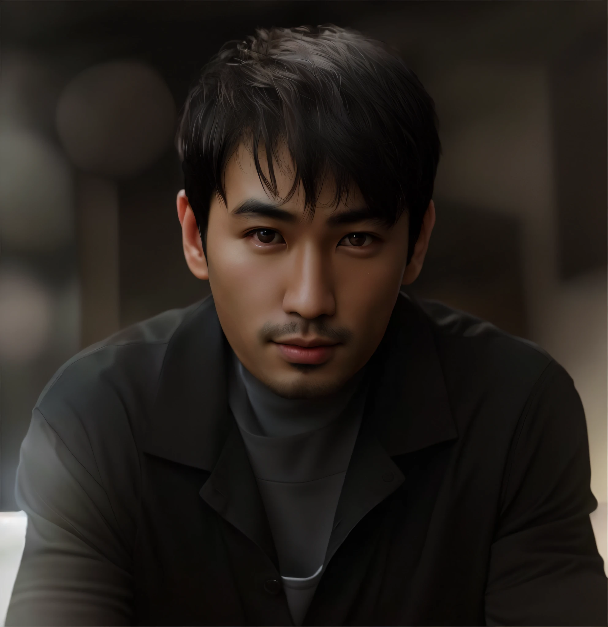 Asian male, highly reductive, keep facial features, keep expression features, keep eyes, portrait, close-up (skin texture), fine detail, hyper detail, ray tracing, subsurface scattering, diffuse soft light, shallow depth of field, eye light
