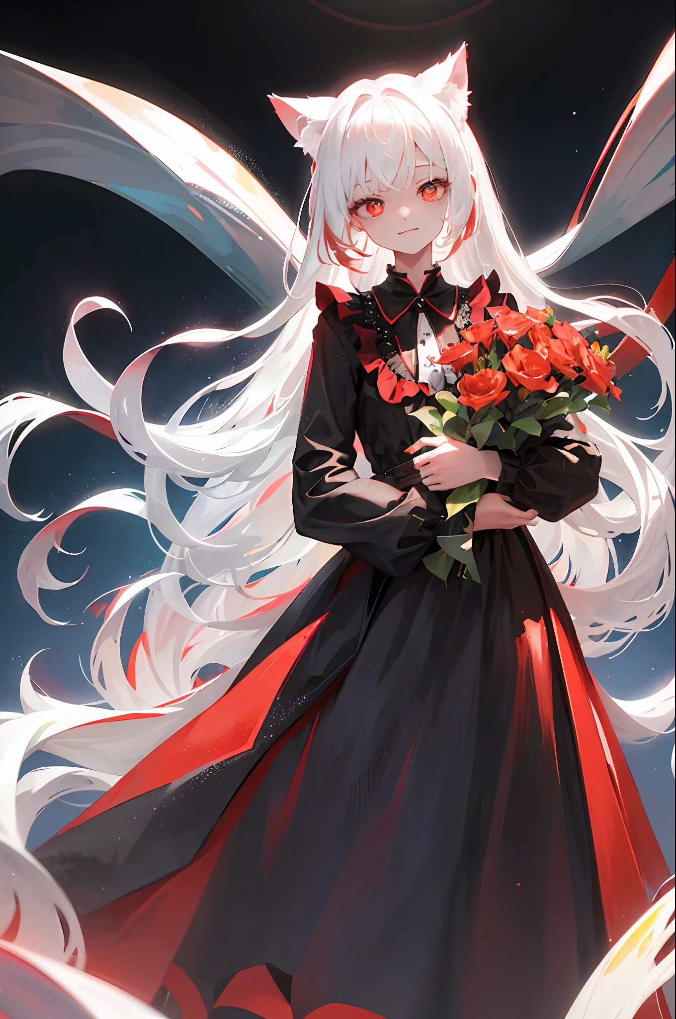 1girl, white hair, long hair, ((red cat ears)), open eyes, look at the audience, empty eyes, evil smile, night, black dress long dress, red eyes