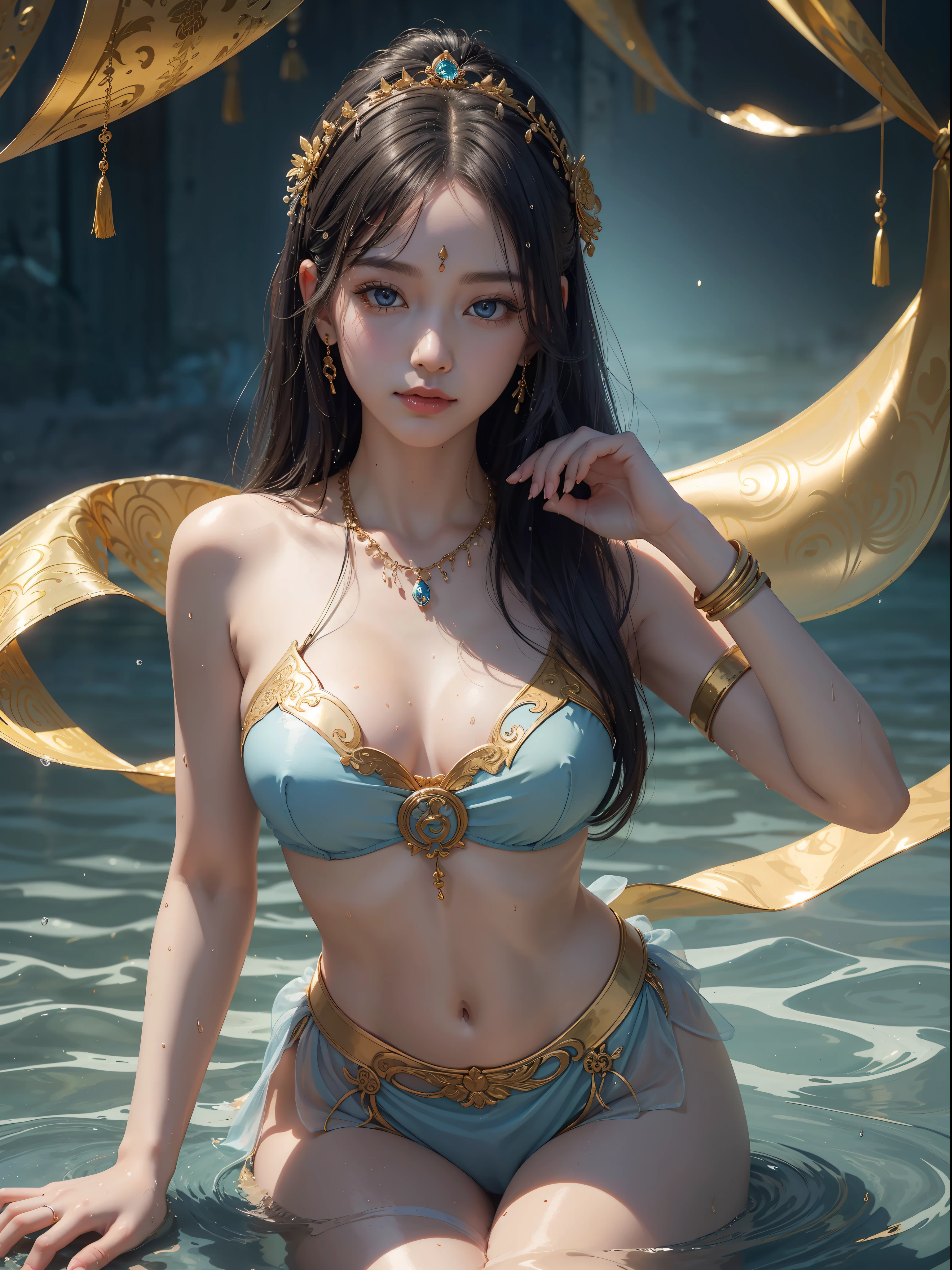 A Buddhist Bodhisattva Girl, (Masterpiece, Top Quality, Best Quality, Official Art), (KPOP idol), Super Long Hair, Messy Long Hair, Delicate Jewelry, Delicate Bracelet, Delicate Hair Ornament, High Feeling, Aperture Behind, Fairy Fluttering, Looking Up View, Barefoot, Golden Bracelet on Ankle, Ancient Chinese Clothing, (Conservative Clothes), Gorgeous Silk, Flowing Tulle, Dazzling Background, Golden Aperture on the Back, Gold Falun in the Back, Best Light, Best Shadows, Cinematic Lighting, Mystery, Background Pure Black with Ring Aperture, Ultra HD, 8K, Fair Skin, Wolp_style, duhuang_style, Upper Body Close-up, Detailed Face, (Sideways: 1.5), 28 years old, 1girl, Dressed decently, super long clothes, black hole background, in a temple in Thailand, one leg on the ground, left hand to do Buddha hand on chest, other raised above head to do Buddha hand, surrealism, photo, realistic, { (Surfacing from the clear pool, splashing a lot, splashing, water ripples), (wet clothes: 1.5) (wet body: 3.0), (wet hair: 1.5)}, medium chest, 48KG weight, smooth skin, light blue pupils, detailed eye painting, (super white skin, supple skin), (face focus, bending over to look at the camera, snapping)