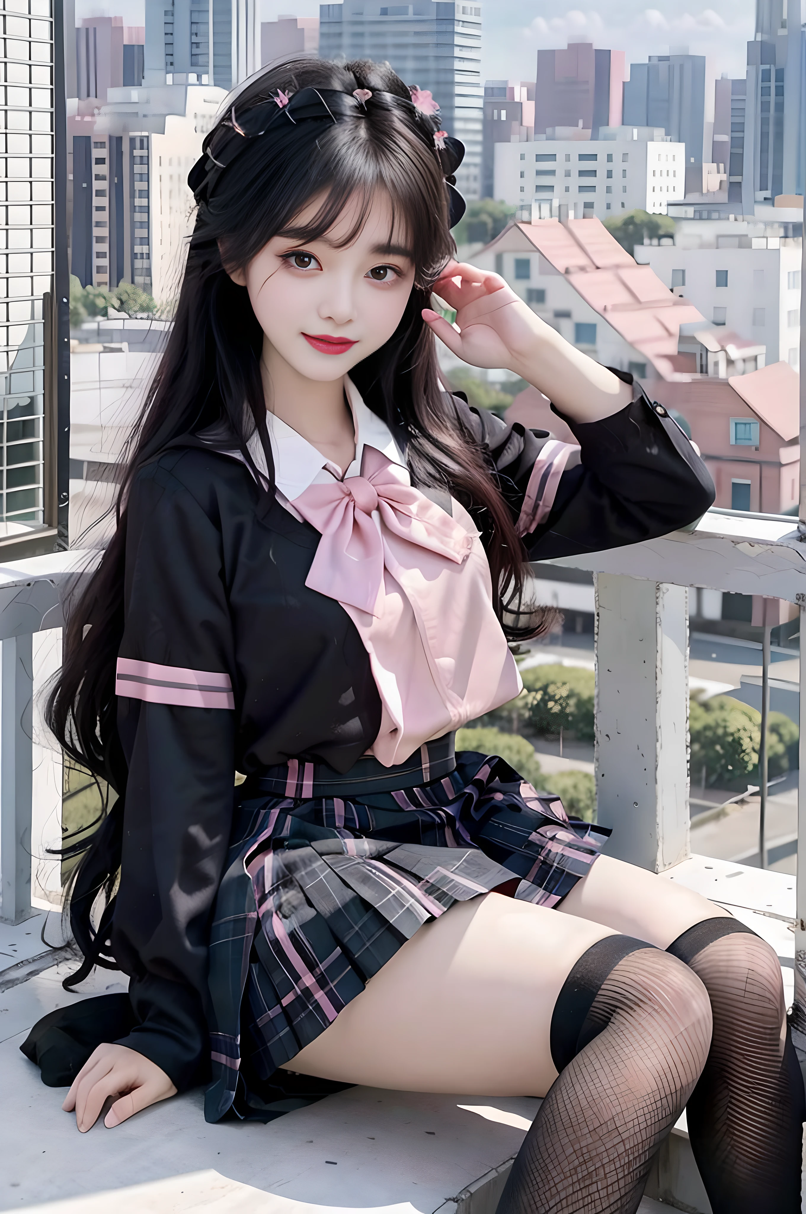 Girl, Master Works, High Resolution, Masterpiece, Single, Smile, City, Black Hair, Long Legs, Long Hair, Black Hair, Long Eyelashes, Big Eyes, White Shirt, High School Uniform, Uniform, Pink JK Plaid Skirt, Pleated Skirt, Black Calf Socks, Short Sleeves, Outdoor, School Uniform, Sky, Clouds, Tie, School Uniform, Black Tie, Facing Viewer, Front, Reclining, Hands Back, City View, Lipstick, Sky, Railing, Flowing Hair, Cloudy Sky, Lying Silkworm, Double Eyelids, Earthy Eye Shadow, Sequins at the Corners of the Eyes, Chu Chu is pitiful, tear stains, the ultimate purity, the legs are very thin, and the hands are delicate and accurate