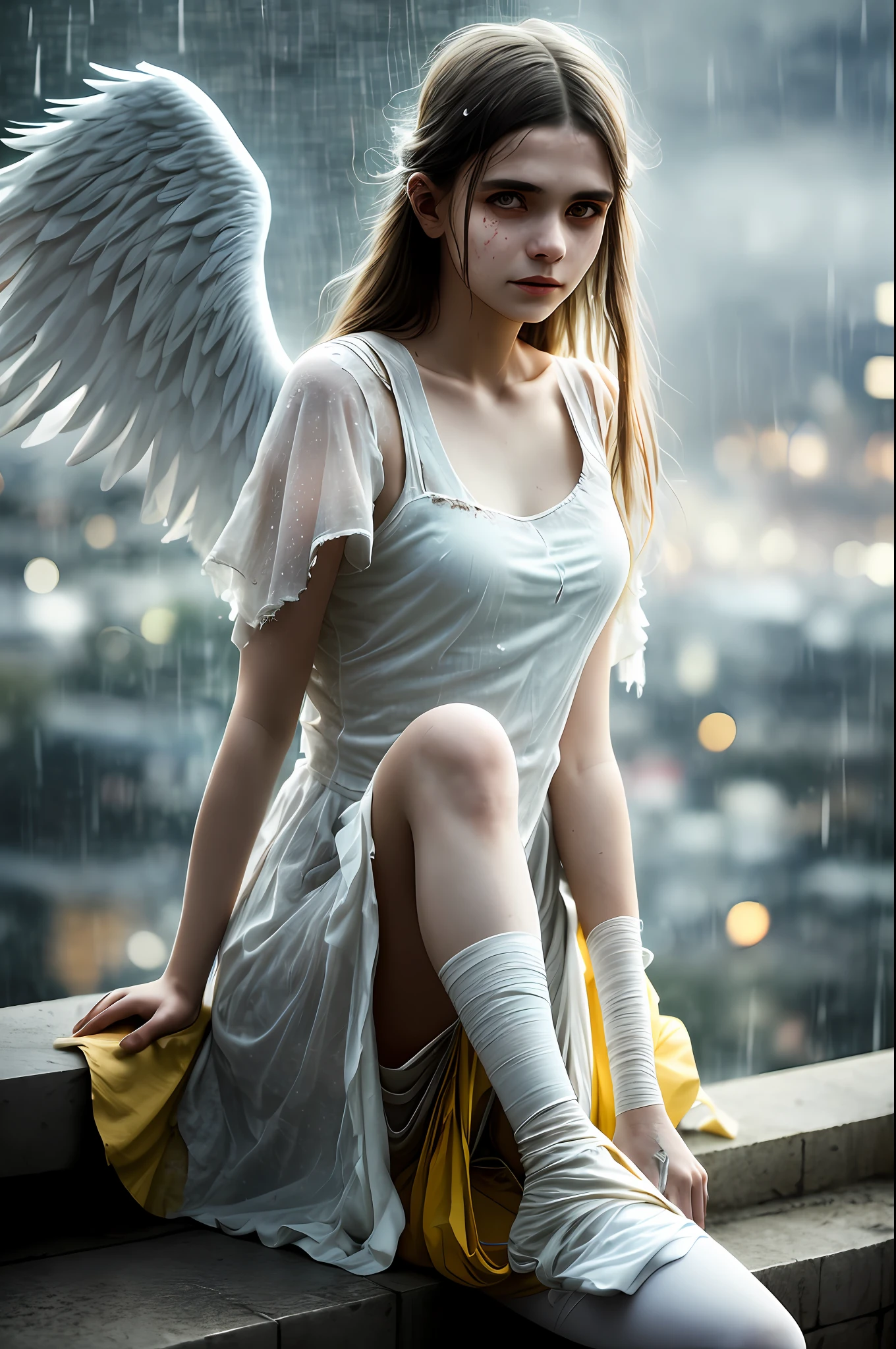 Woman with angel wings, wearing a white dirty torn dress with bandages on her arms and legs, sitting on a ledge, yellow and blue light, rain, calm colors, bokeh ((masterpiece, highest quality)), detail, detailed face, blood particles, whole body, sadness look