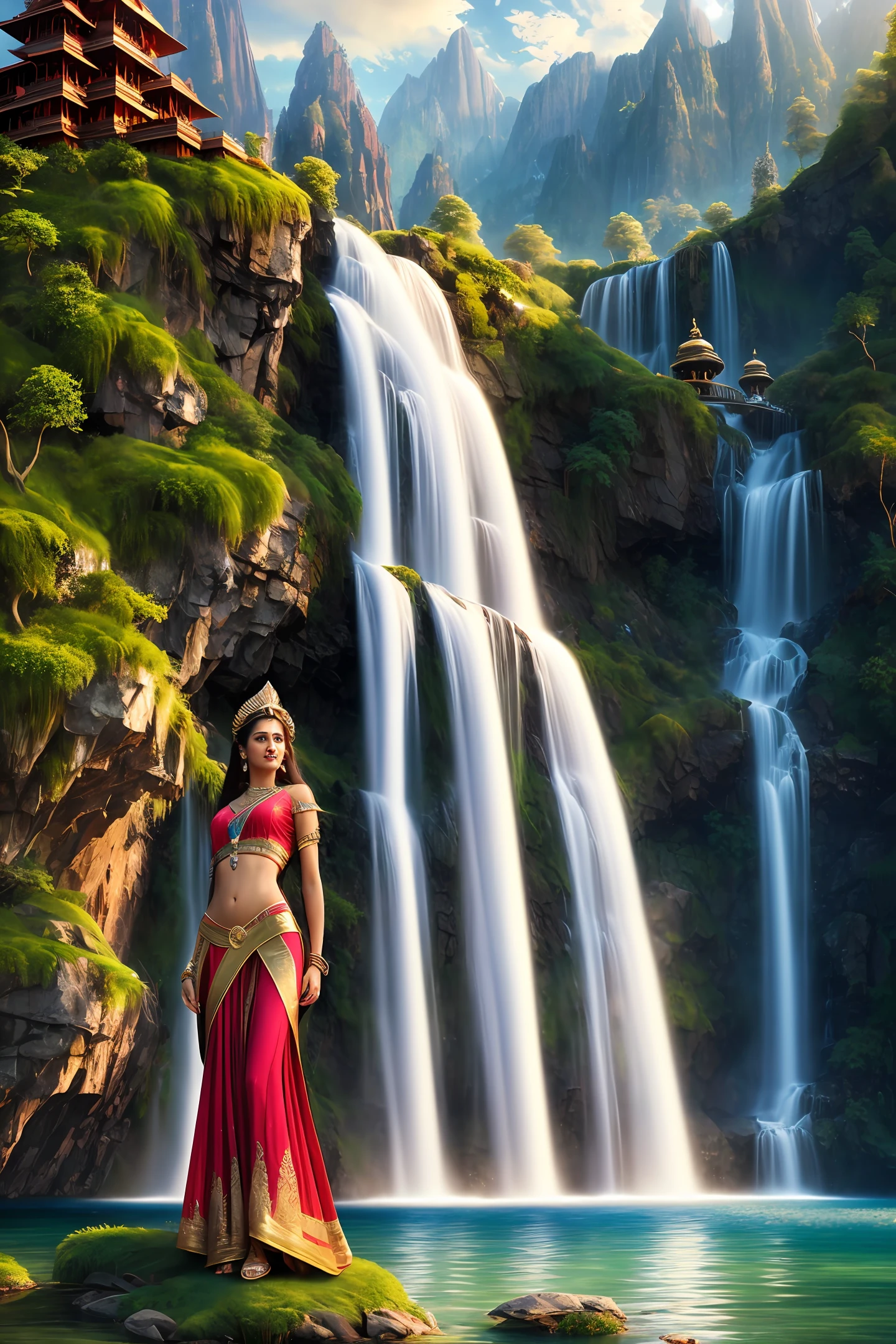 landscape, water (extremely detailed CG unity 8k wallpaper), the most beautiful artwork in the world, professional majestic oil painting, intricate, high detail, sharp focus, dramatic, photorealistic. Indian princess show stomach long legs wear jewellers