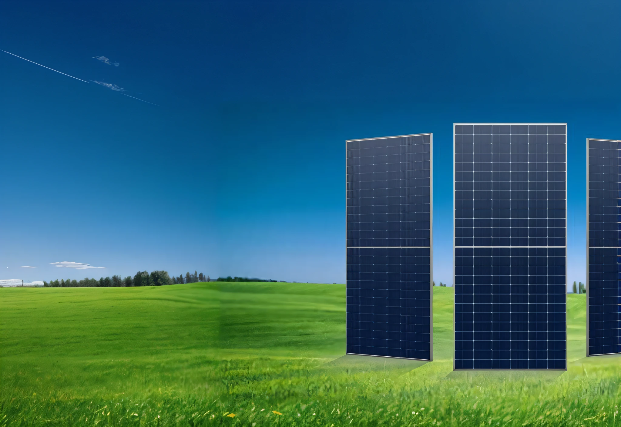three panels of solar panels in a field with a blue sky, solar panels, solar power, solar, solar powered, rooftop solar panels, by Xul Solar, flat panels, sun is shining, renewable energy, solar field plains, clean energy, solarised, on a sunny day, solar punk product photo, profile pic, bright sunny day, high quality product image”